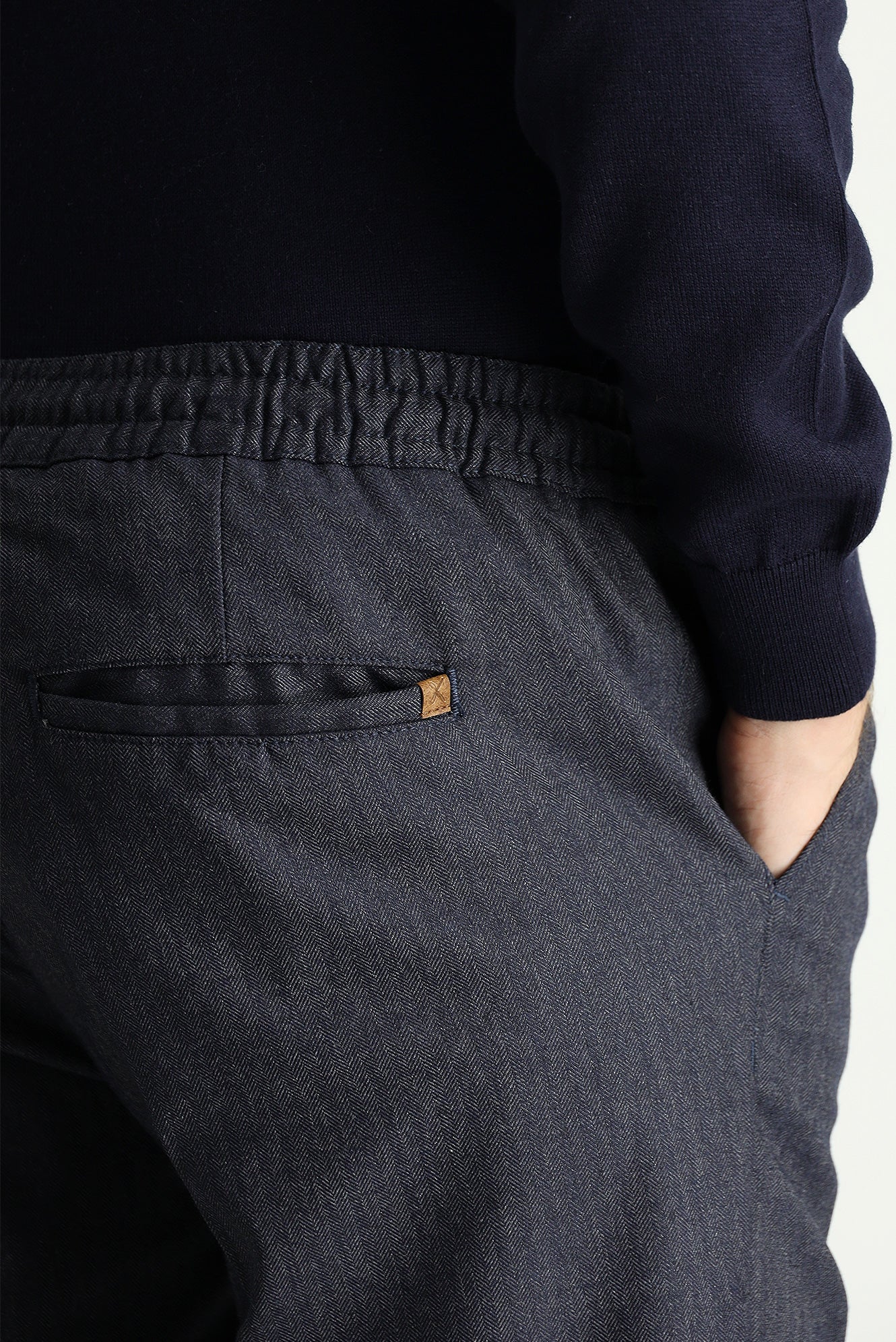 Koyu Lacivert Slim Fit Dar Kesim Beli Lastikli İpli Desenli Likralı Pantolon - Image 5