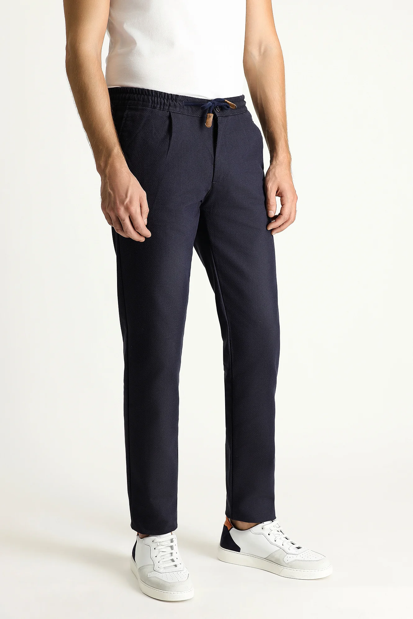 Koyu Lacivert Slim Fit Dar Kesim Beli Lastikli İpli Desenli Likralı Pantolon - Image 4