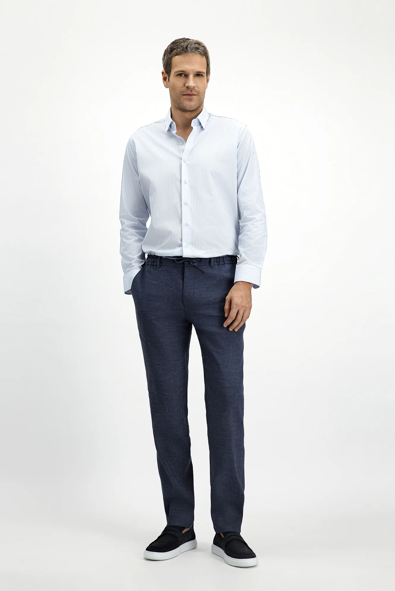 Koyu Lacivert Slim Fit Dar Kesim Beli Lastikli İpli Keten Karışımlı Jogger Pantolon