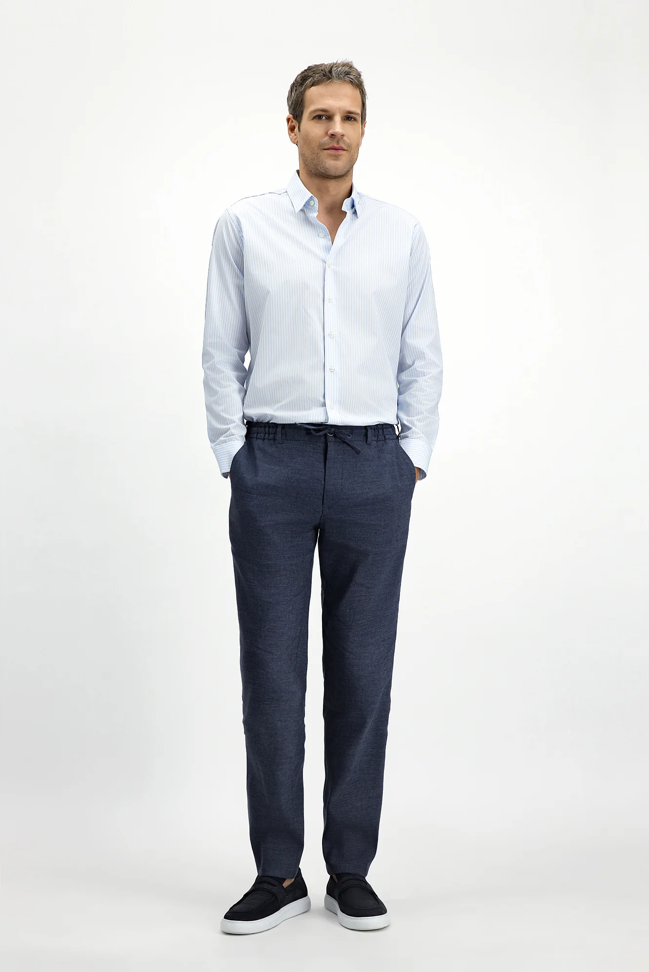 Koyu Lacivert Slim Fit Dar Kesim Beli Lastikli İpli Keten Karışımlı Jogger Pantolon - Image 2