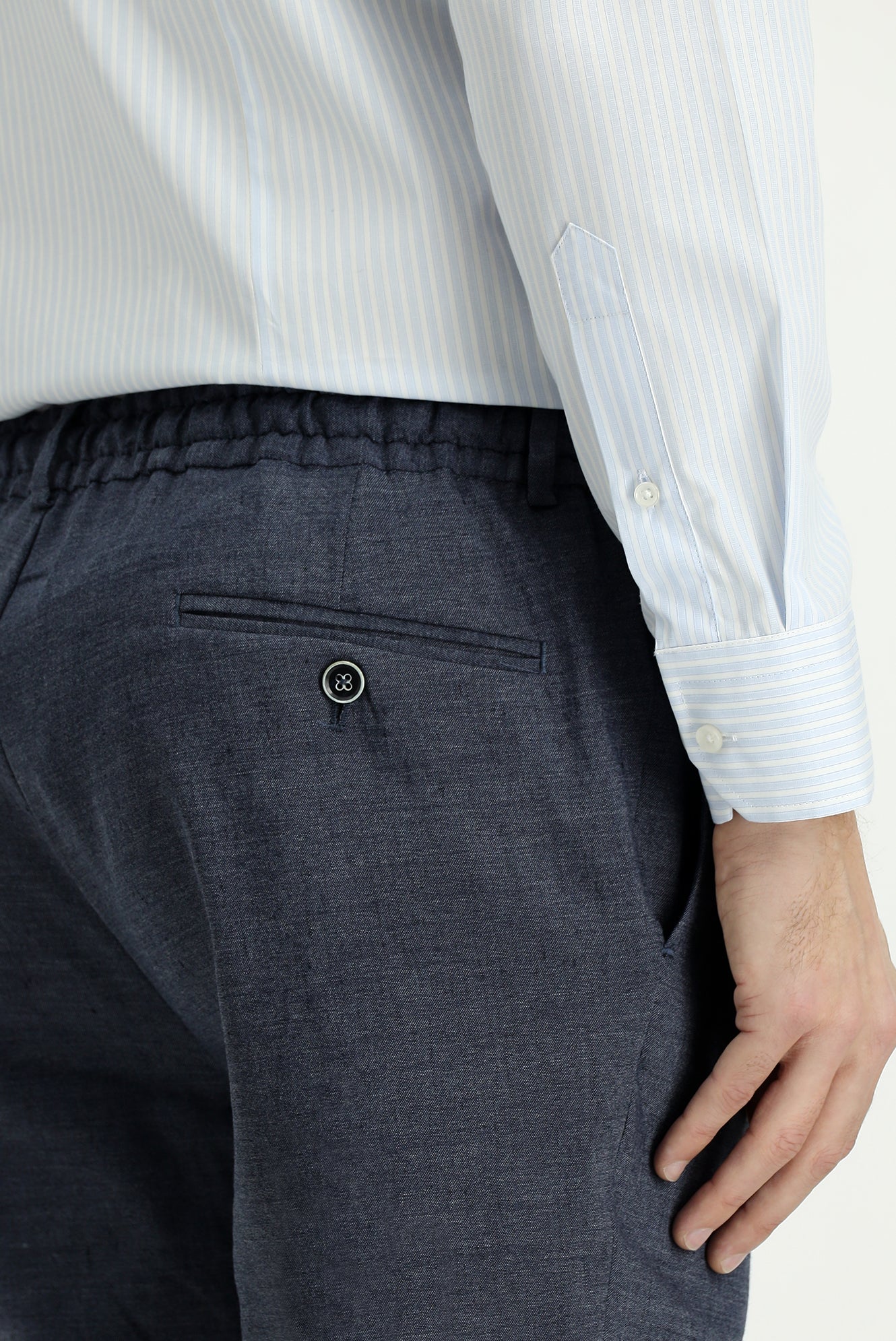 Koyu Lacivert Slim Fit Dar Kesim Beli Lastikli İpli Keten Karışımlı Jogger Pantolon - Image 5