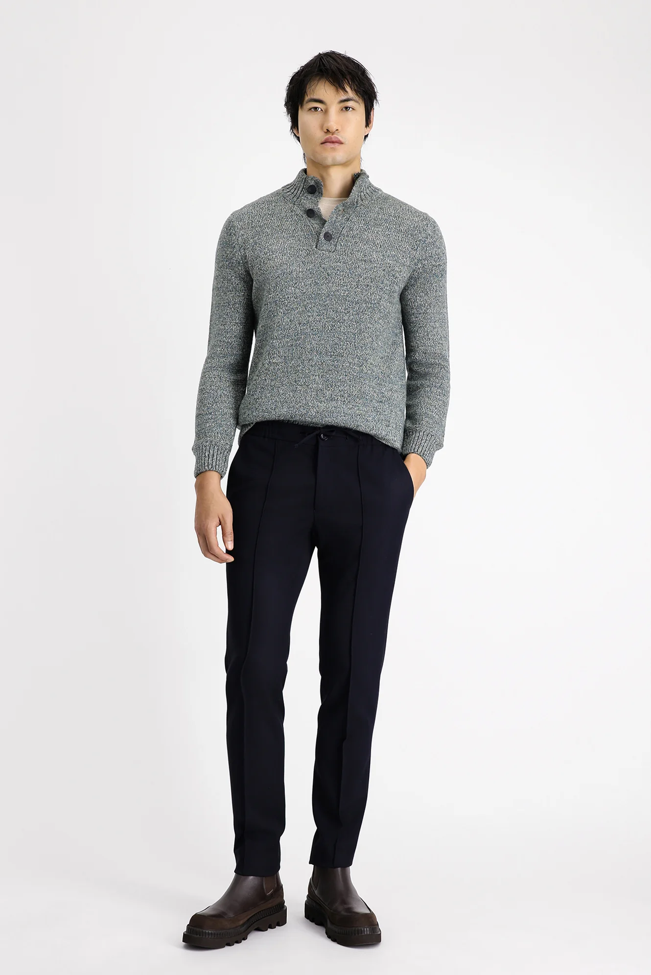 Koyu Lacivert 7 Drop Slim Fit Dar Kesim Beli Lastikli İpli Likralı Klasik Pantolon