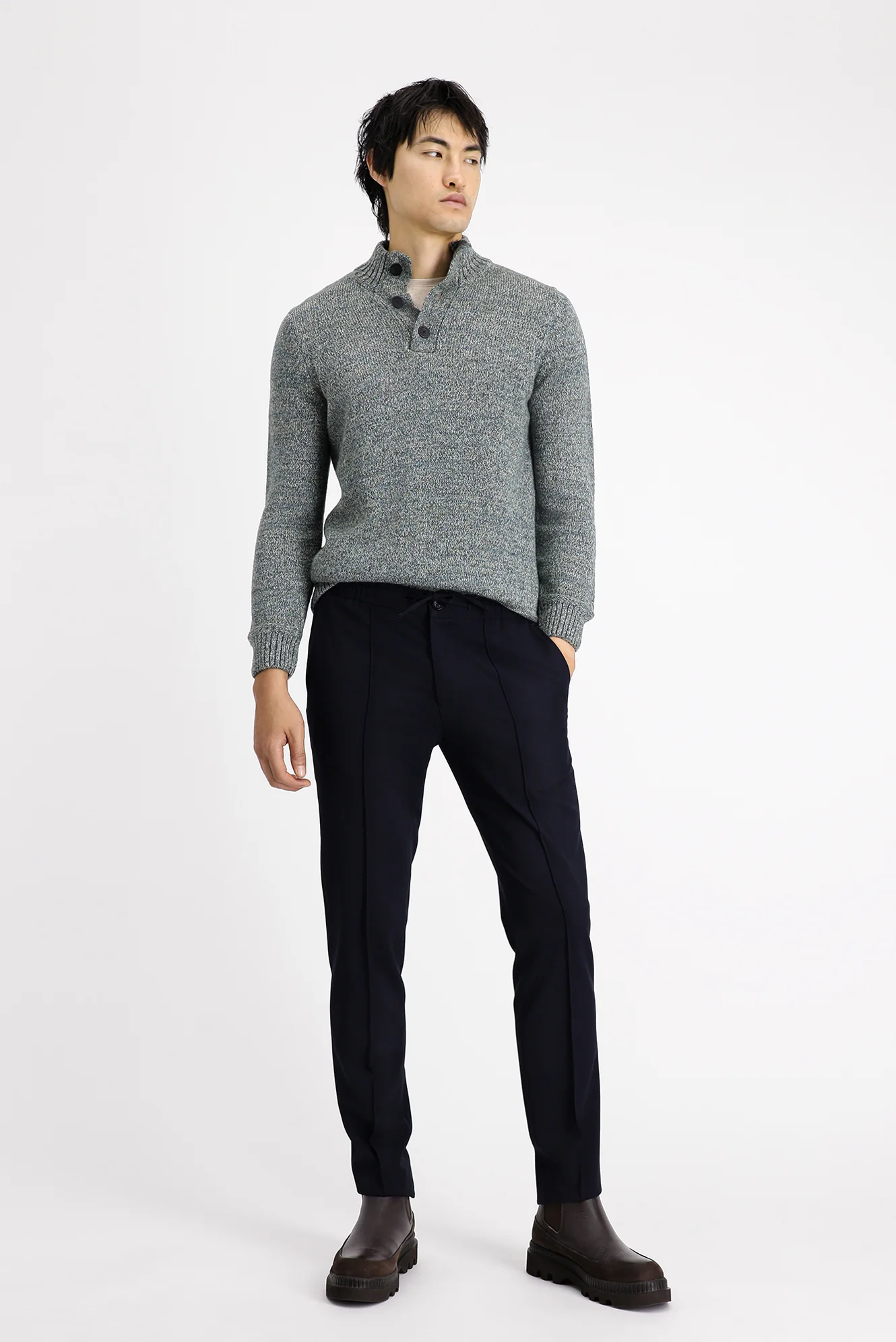 Koyu Lacivert 7 Drop Slim Fit Dar Kesim Beli Lastikli İpli Likralı Klasik Pantolon - Image 2