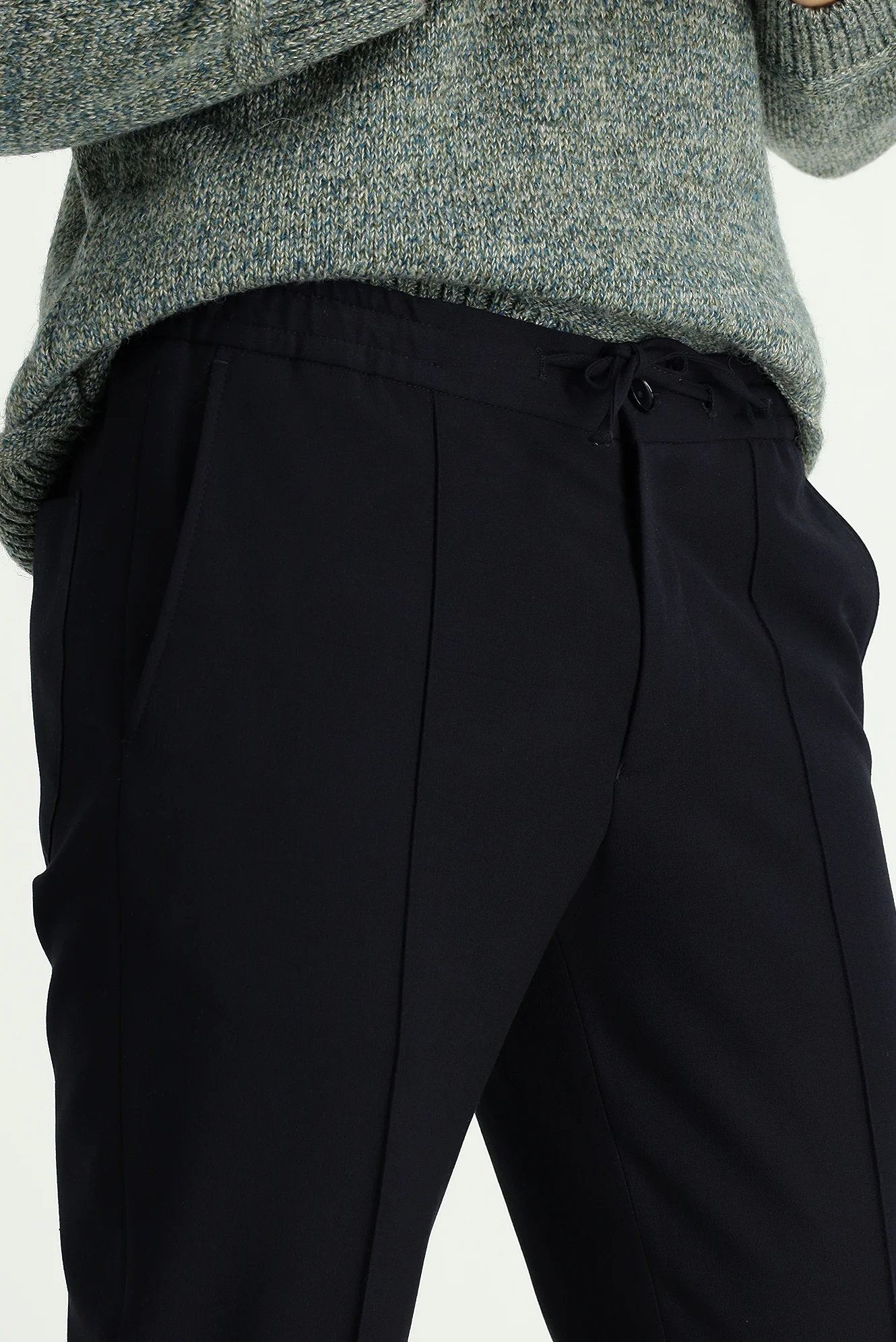 Koyu Lacivert 7 Drop Slim Fit Dar Kesim Beli Lastikli İpli Likralı Klasik Pantolon - Image 3