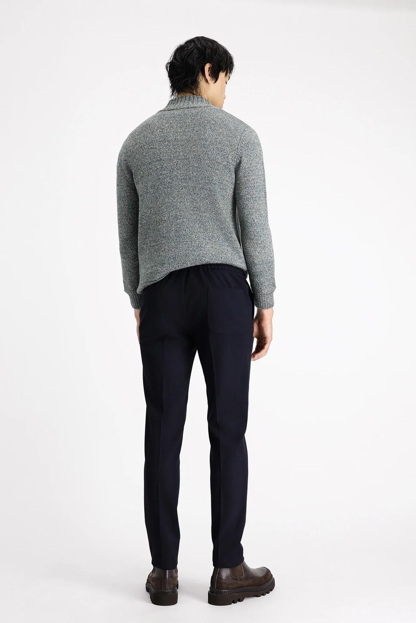 Koyu Lacivert 7 Drop Slim Fit Dar Kesim Beli Lastikli İpli Likralı Klasik Pantolon - Image 4