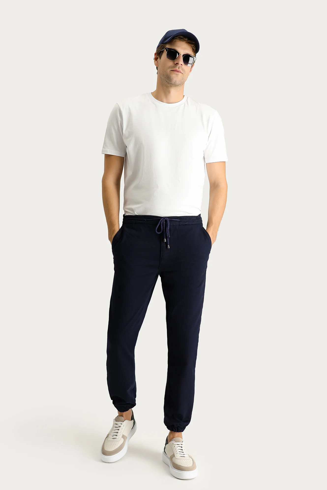 Koyu Lacivert Slim Fit Dar Kesim Beli Lastikli İpli Likralı Jogger Pantolon - Image 3