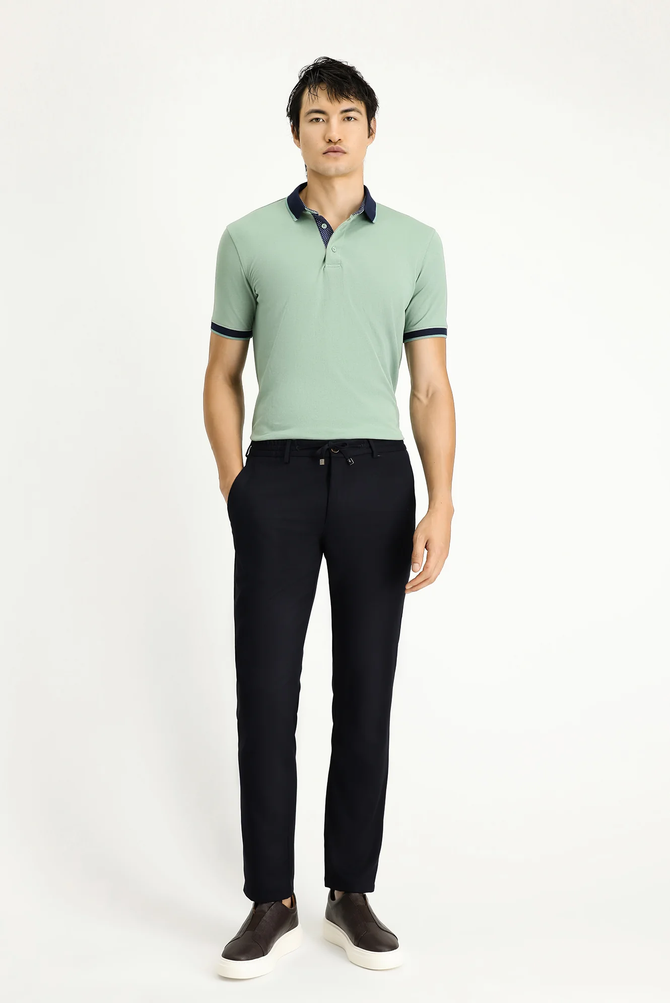 Koyu Lacivert Slim Fit Dar Kesim Beli Lastikli İpli Likralı Pantolon
