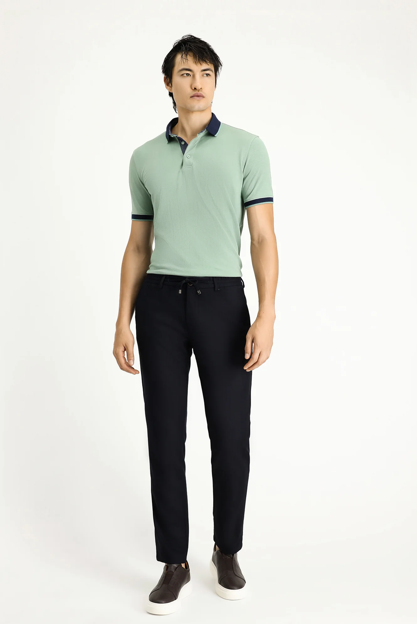 Koyu Lacivert Slim Fit Dar Kesim Beli Lastikli İpli Likralı Pantolon - Image 2