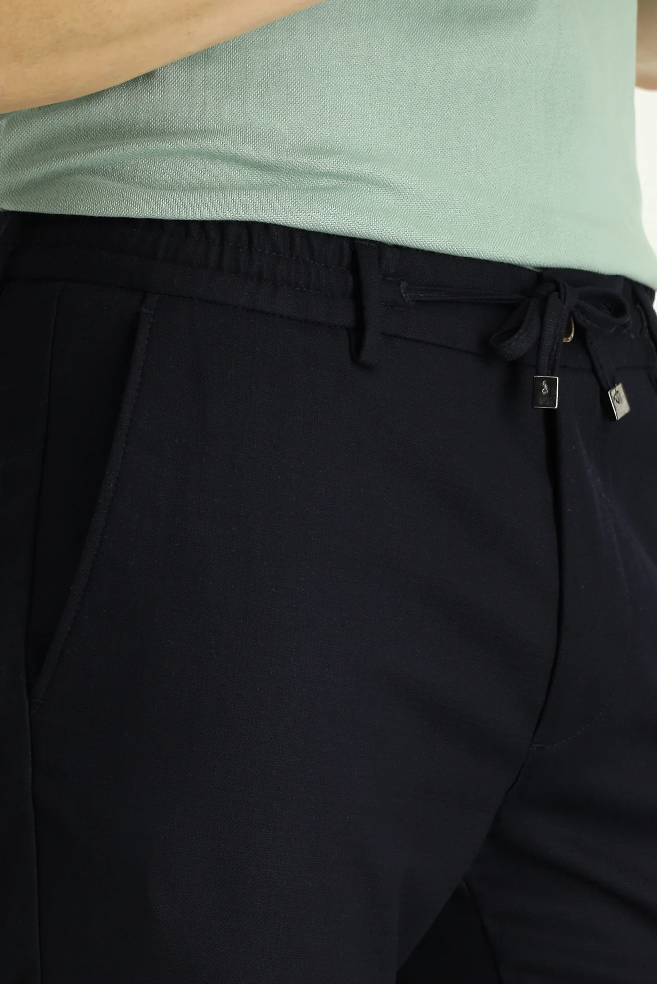 Koyu Lacivert Slim Fit Dar Kesim Beli Lastikli İpli Likralı Pantolon - Image 3