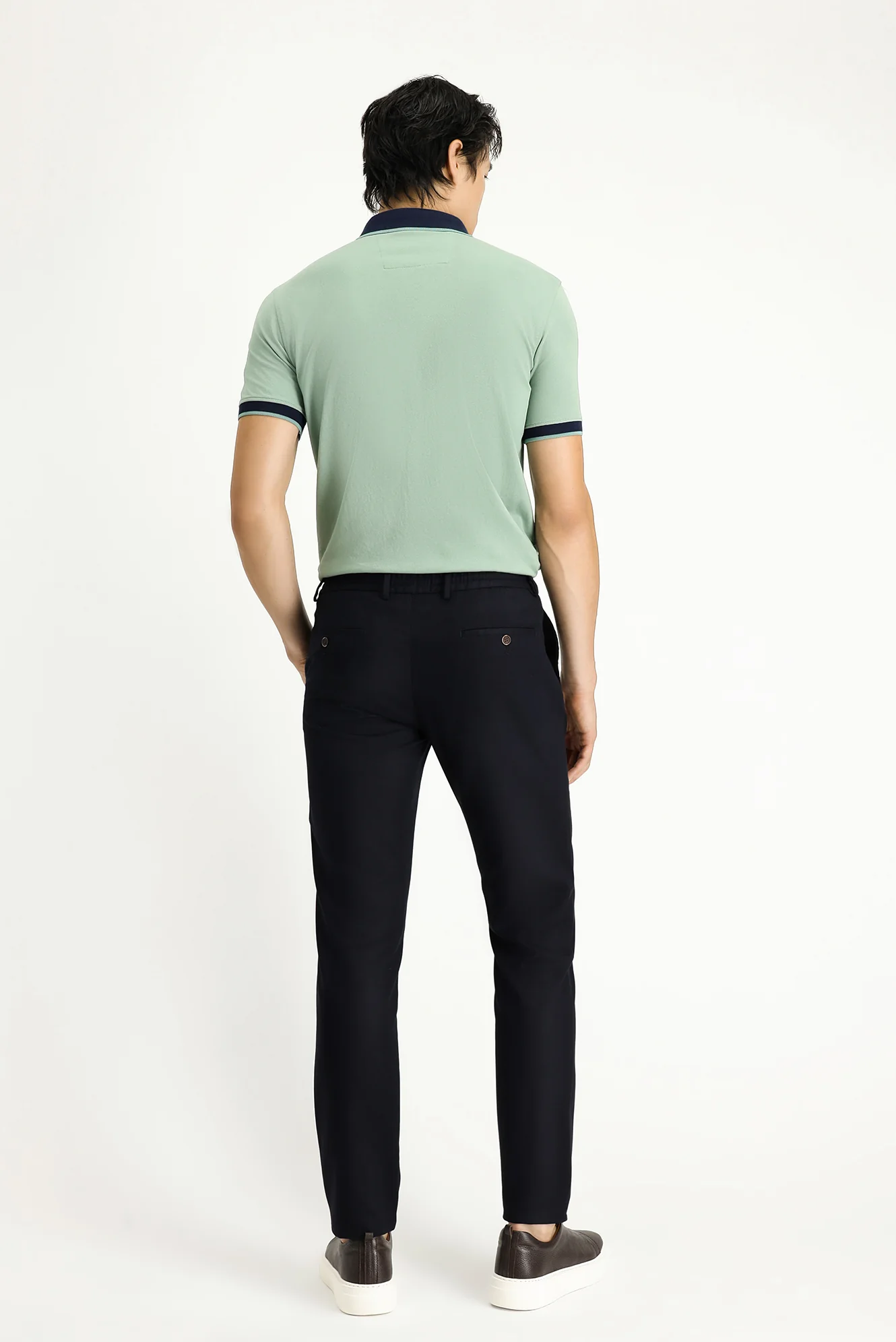 Koyu Lacivert Slim Fit Dar Kesim Beli Lastikli İpli Likralı Pantolon - Image 4