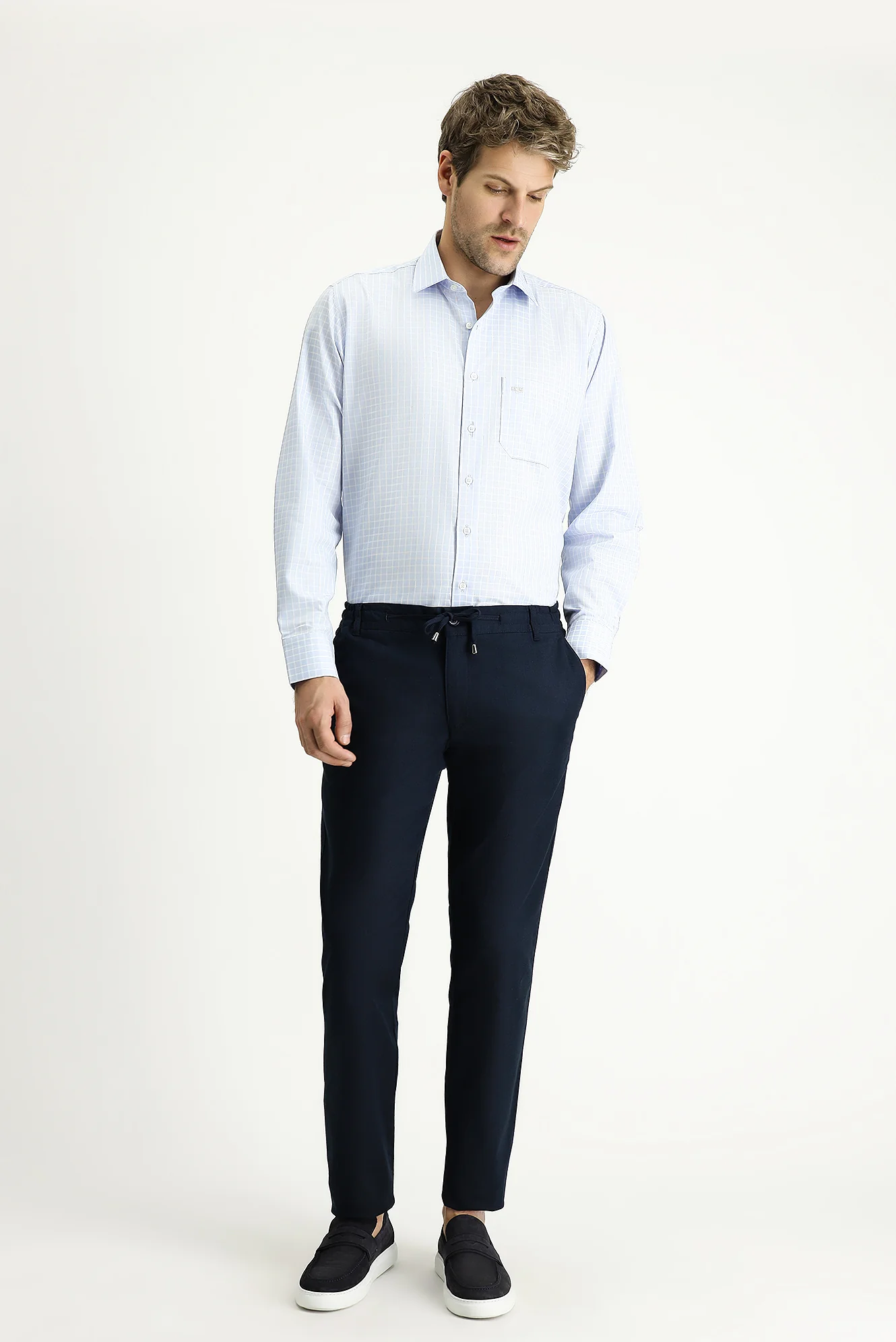 Koyu Lacivert Slim Fit Dar Kesim Beli Lastikli İpli Likralı Pantolon