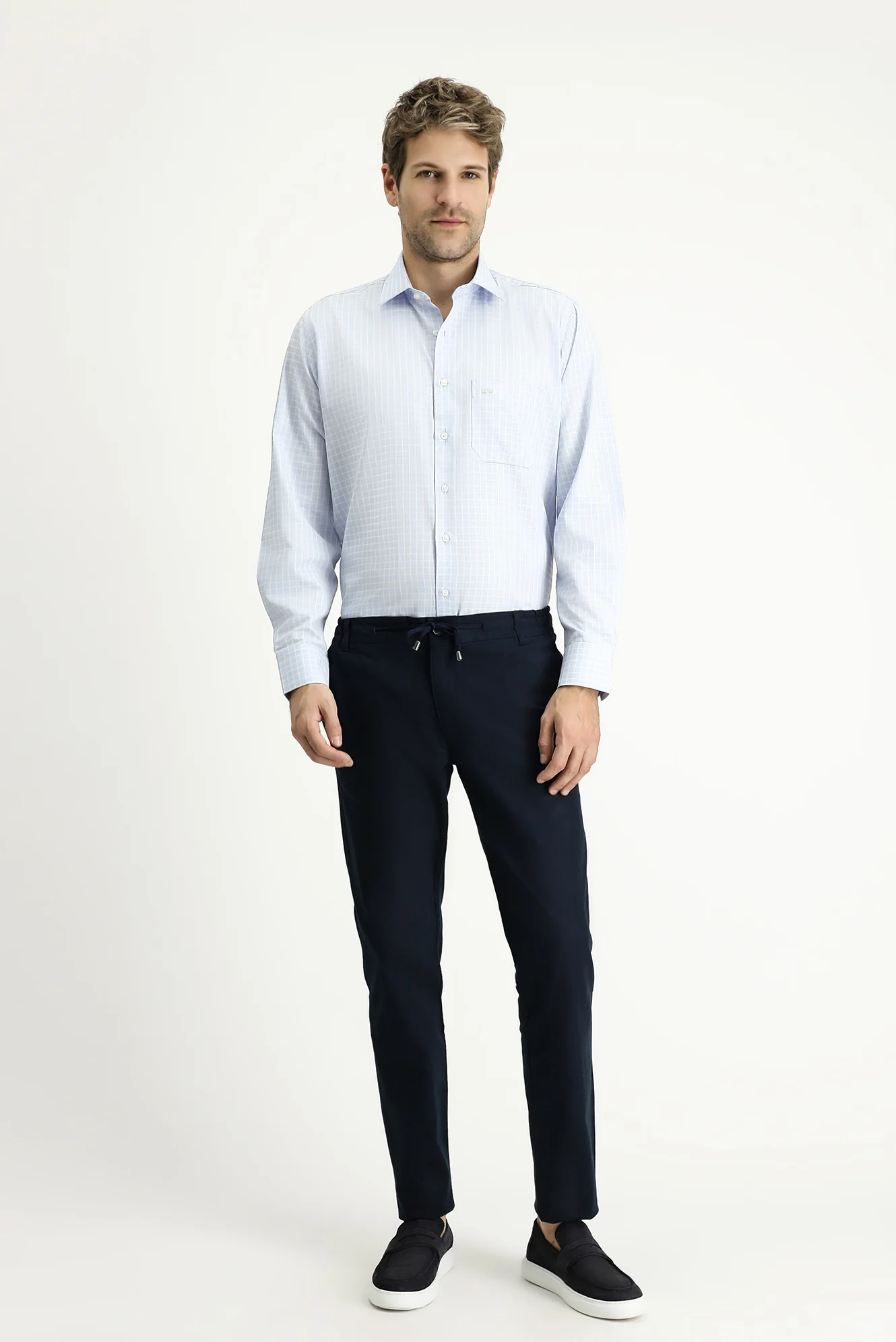 Koyu Lacivert Slim Fit Dar Kesim Beli Lastikli İpli Likralı Pantolon - Image 2