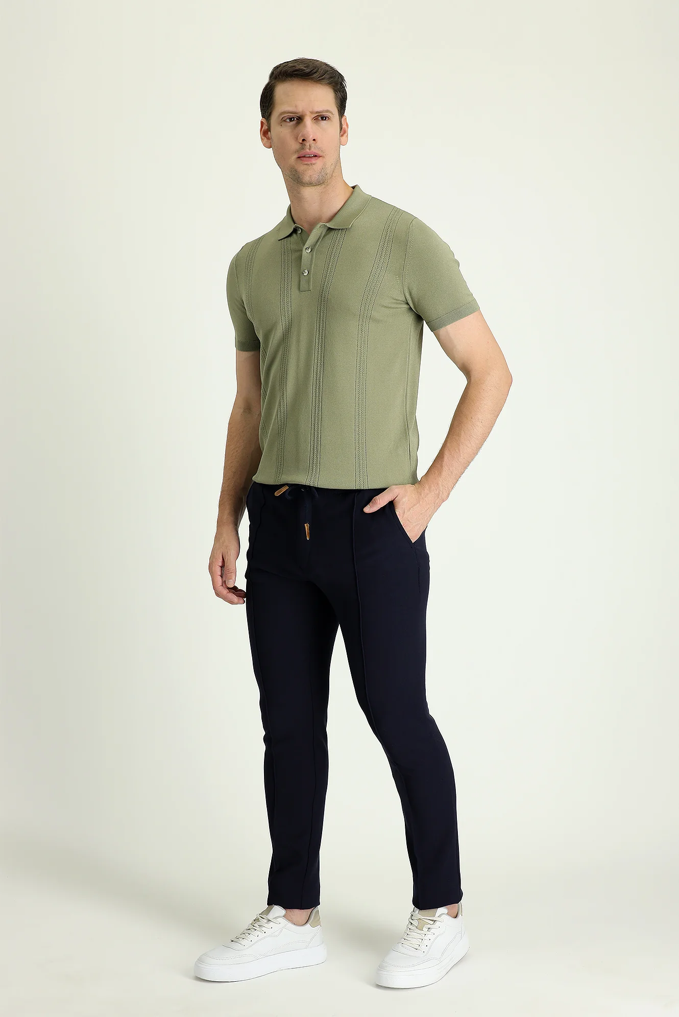 Koyu Lacivert Slim Fit Dar Kesim Beli Lastikli İpli Likralı Pantolon - Image 2