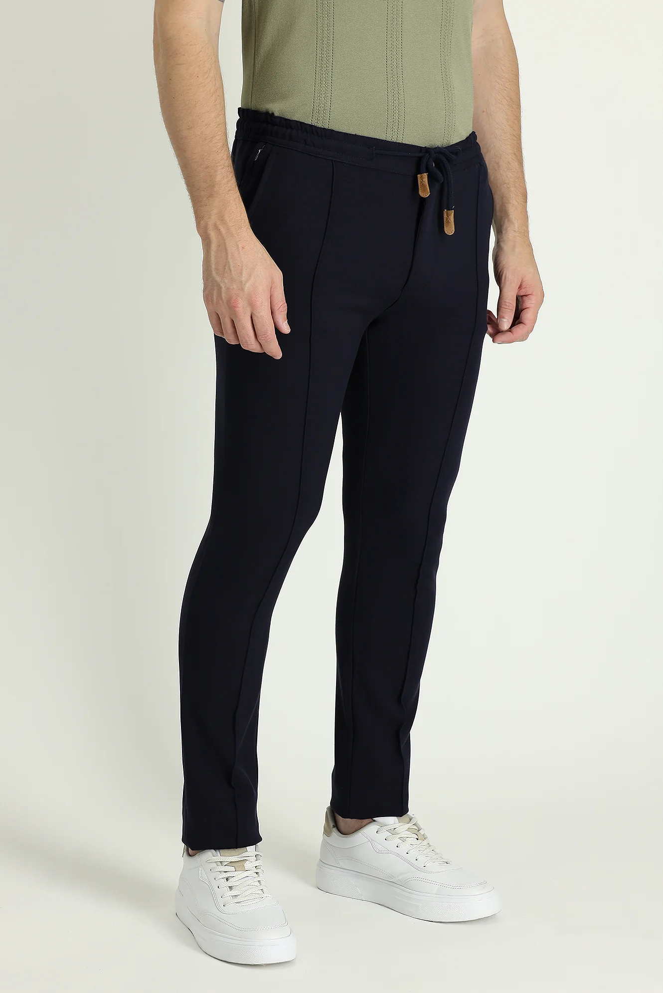 Koyu Lacivert Slim Fit Dar Kesim Beli Lastikli İpli Likralı Pantolon - Image 3