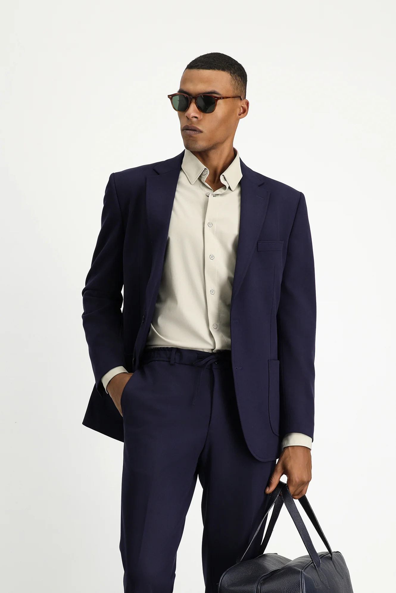 Koyu Lacivert 7 Drop Slim Fit Dar Kesim Beli Lastikli İpli Takım Elbise