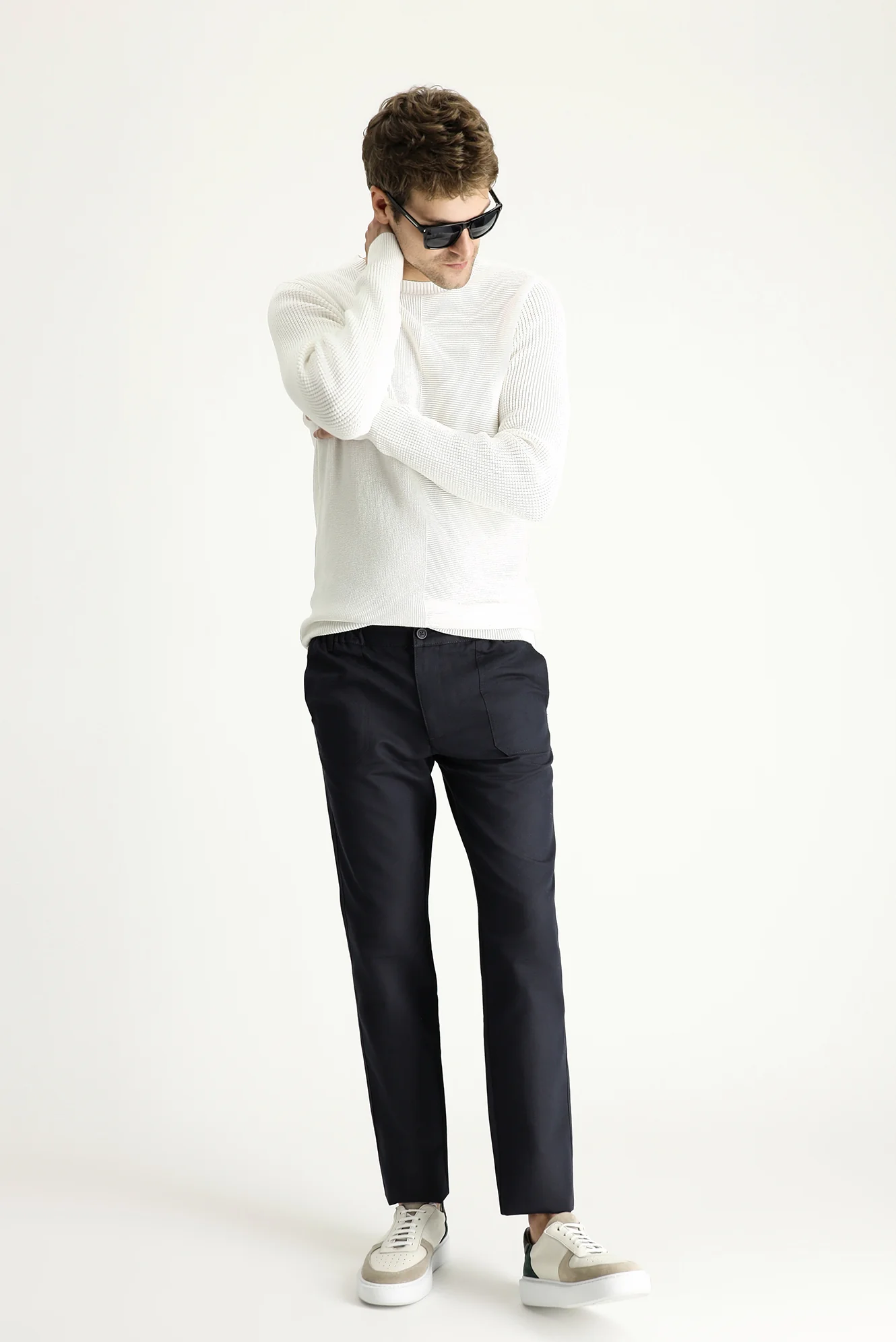Koyu Lacivert Slim Fit Dar Kesim Beli Lastikli Keten Karışımlı Kanvas / Chino Pantolon - Image 2