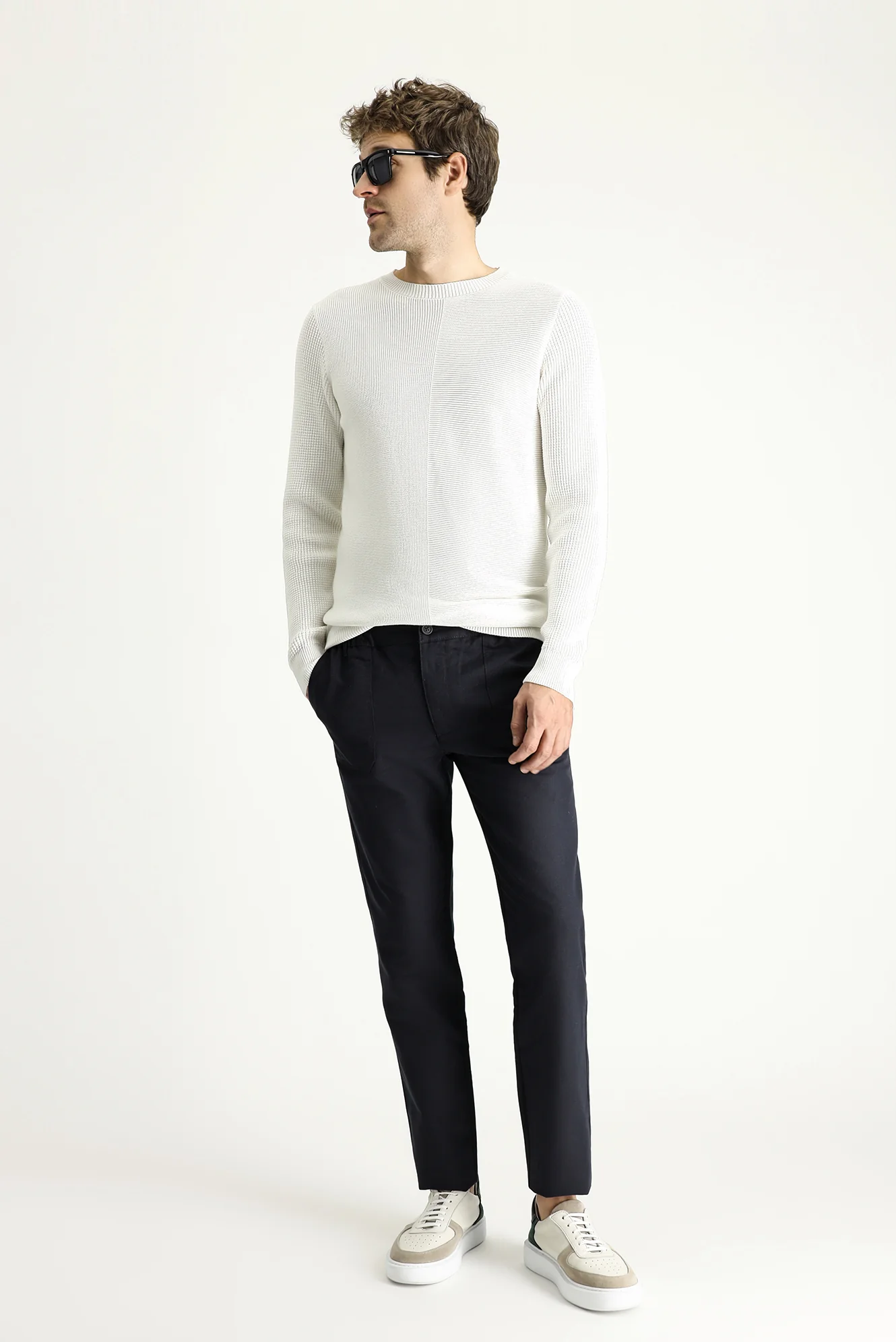 Koyu Lacivert Slim Fit Dar Kesim Beli Lastikli Keten Karışımlı Kanvas / Chino Pantolon - Image 3