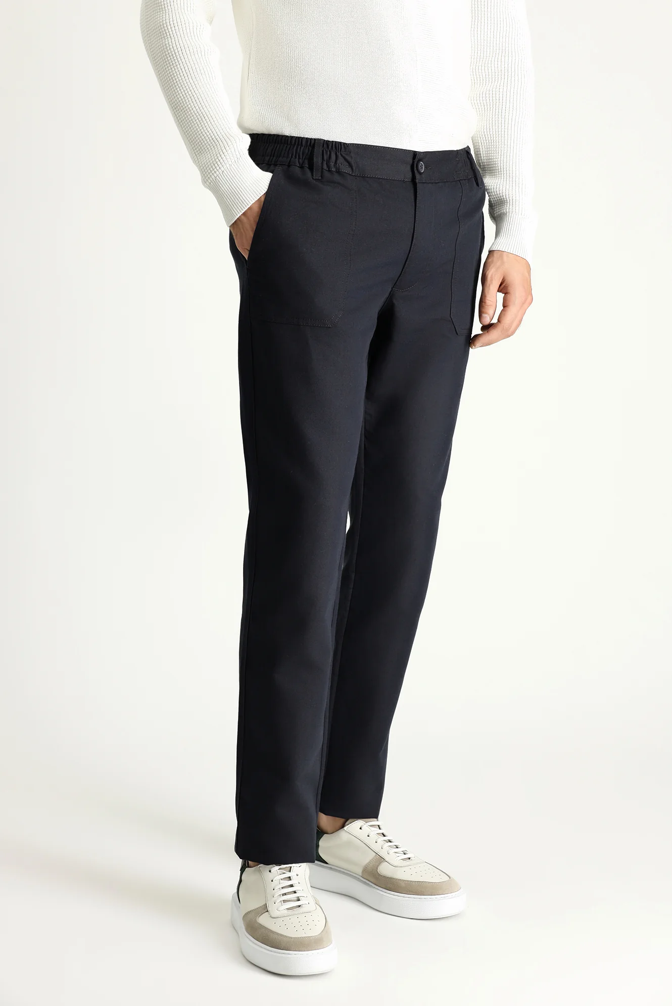 Koyu Lacivert Slim Fit Dar Kesim Beli Lastikli Keten Karışımlı Kanvas / Chino Pantolon - Image 4