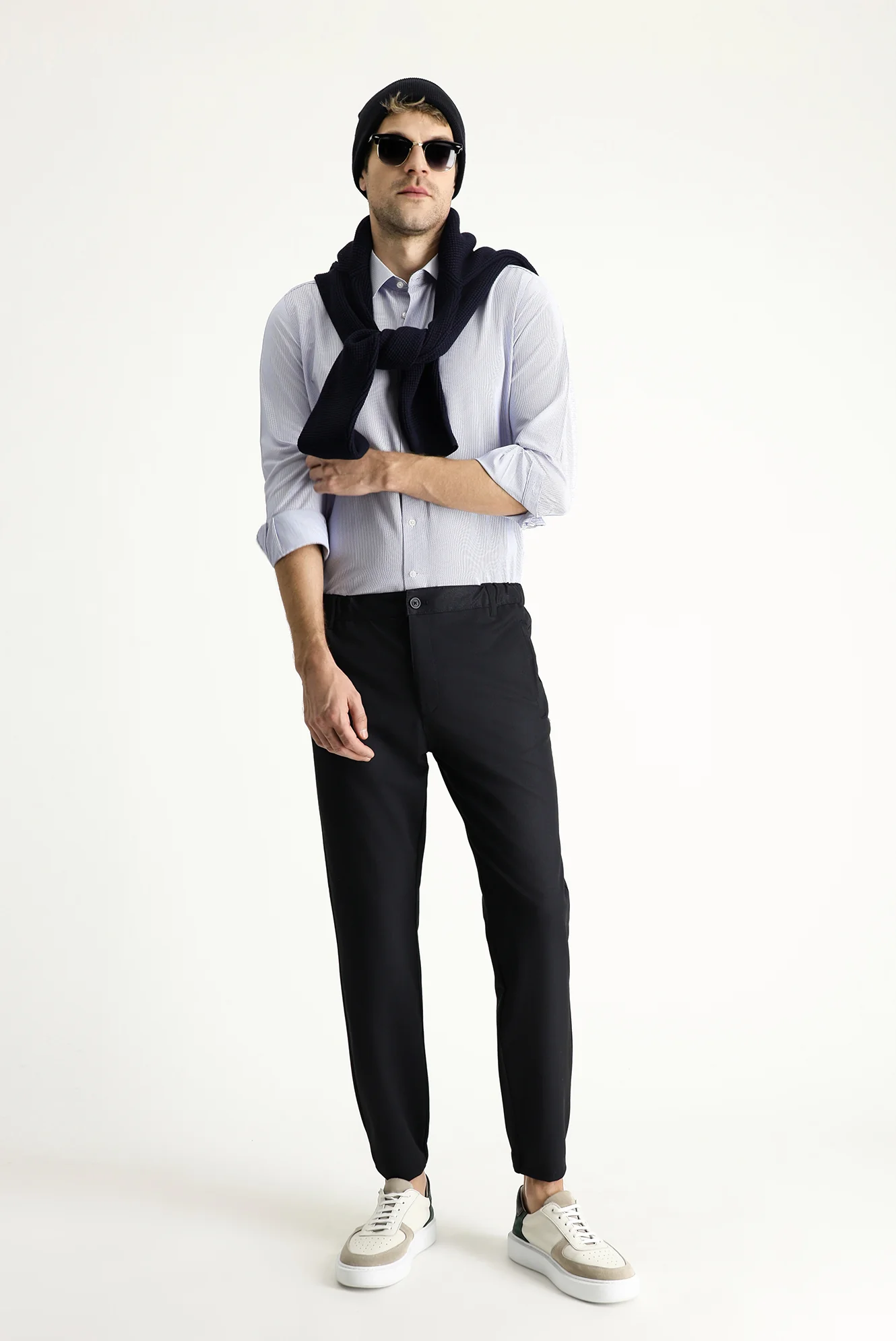 Koyu Lacivert Slim Fit Dar Kesim Beli Lastikli Likralı Kanvas / Chino Pantolon