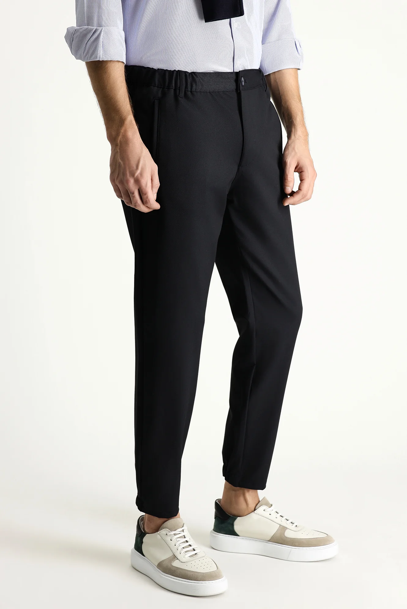 Koyu Lacivert Slim Fit Dar Kesim Beli Lastikli Likralı Kanvas / Chino Pantolon - Image 3