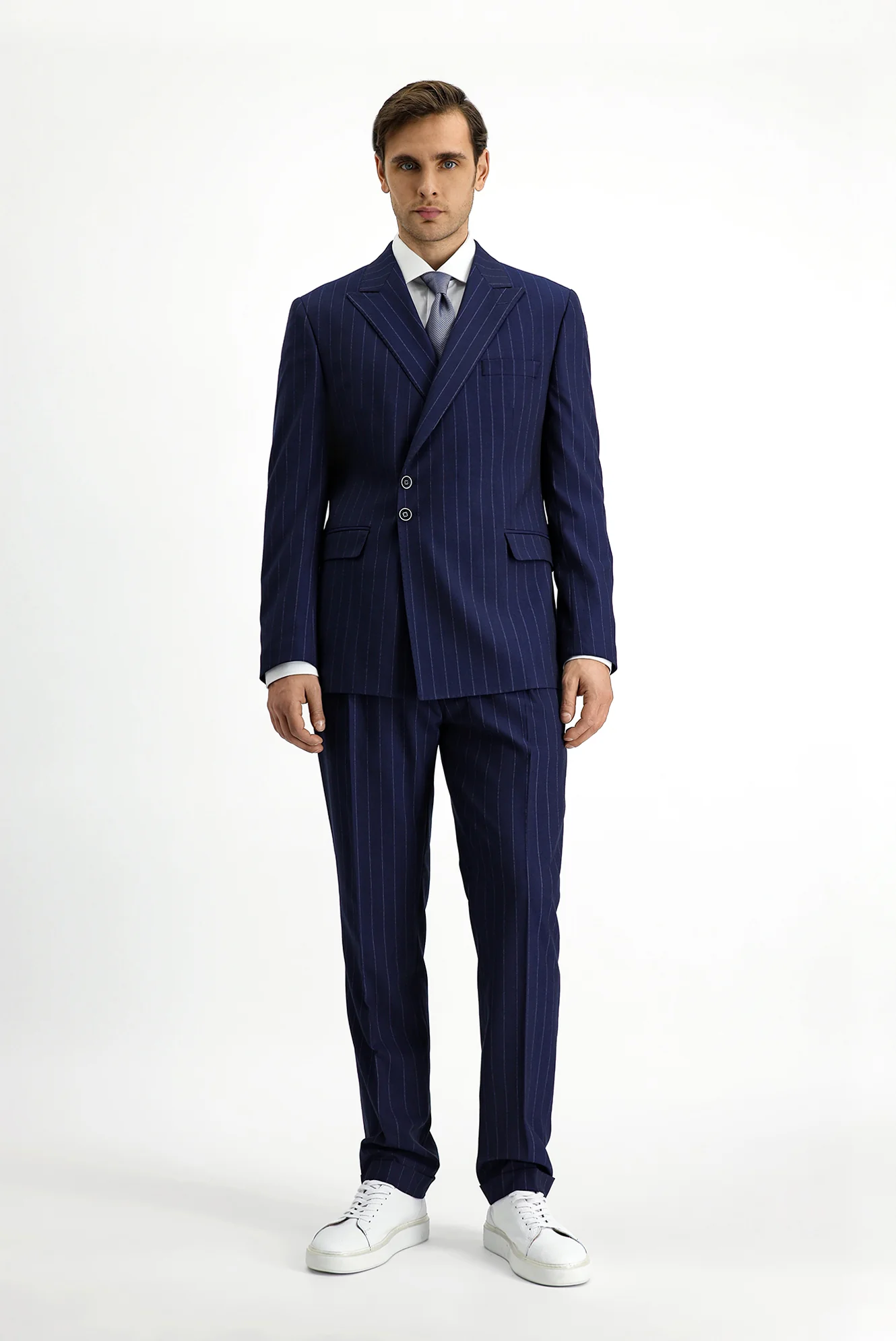 Koyu Lacivert 7 Drop Slim Fit Dar Kesim Çizgili İtalyan Kesim Kruvaze Takım Elbise