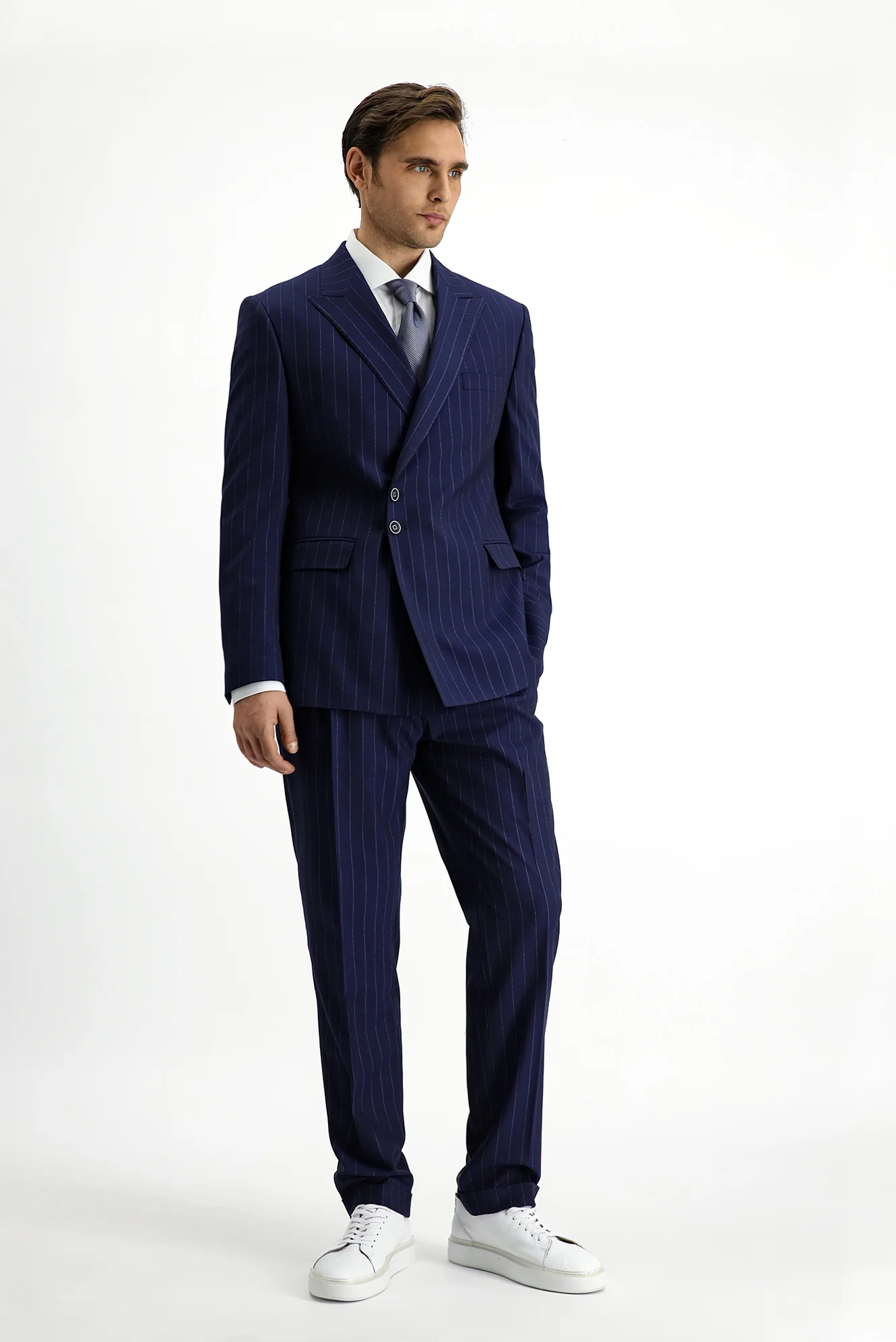 Koyu Lacivert 7 Drop Slim Fit Dar Kesim Çizgili İtalyan Kesim Kruvaze Takım Elbise - Image 2