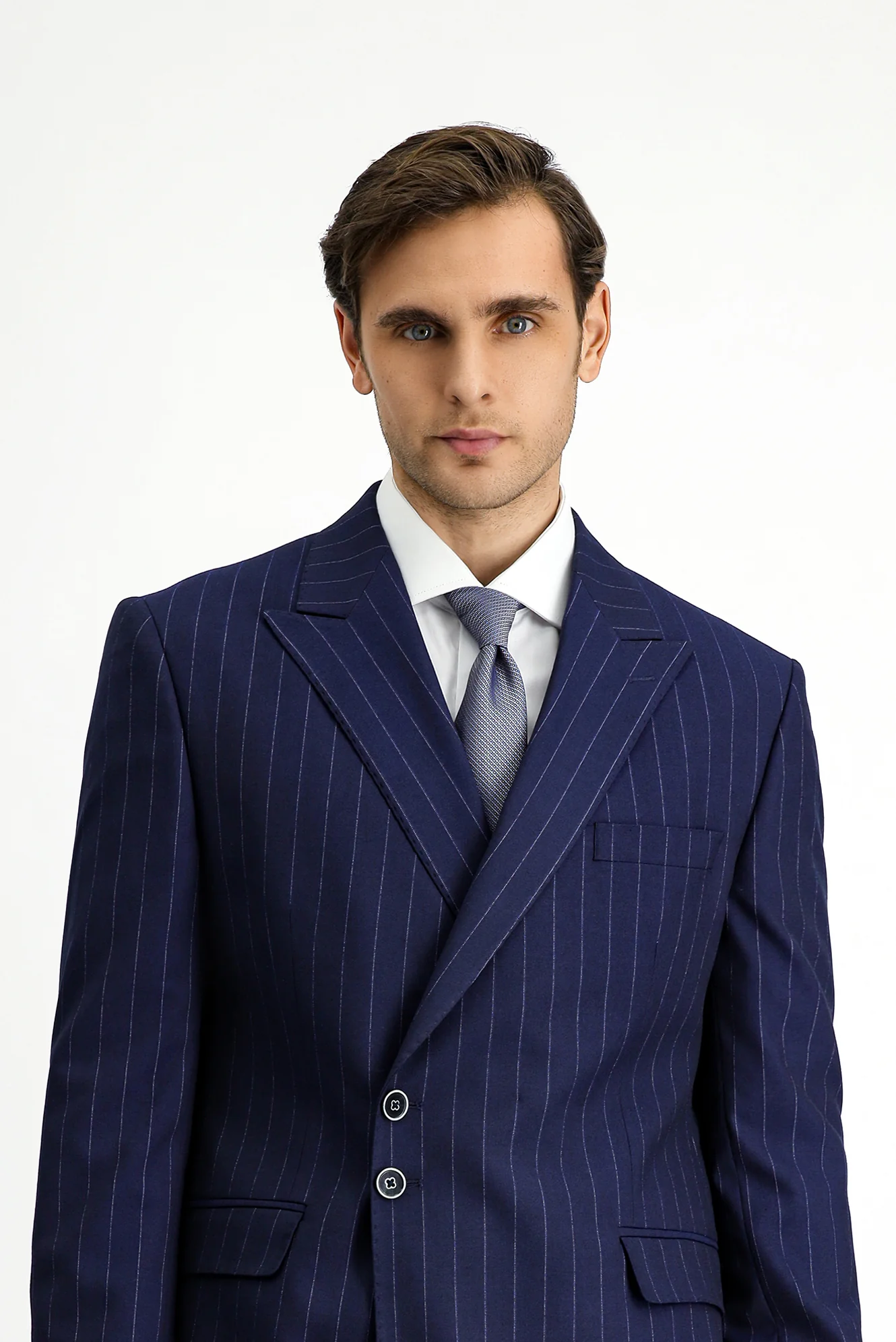 Koyu Lacivert 7 Drop Slim Fit Dar Kesim Çizgili İtalyan Kesim Kruvaze Takım Elbise - Image 3