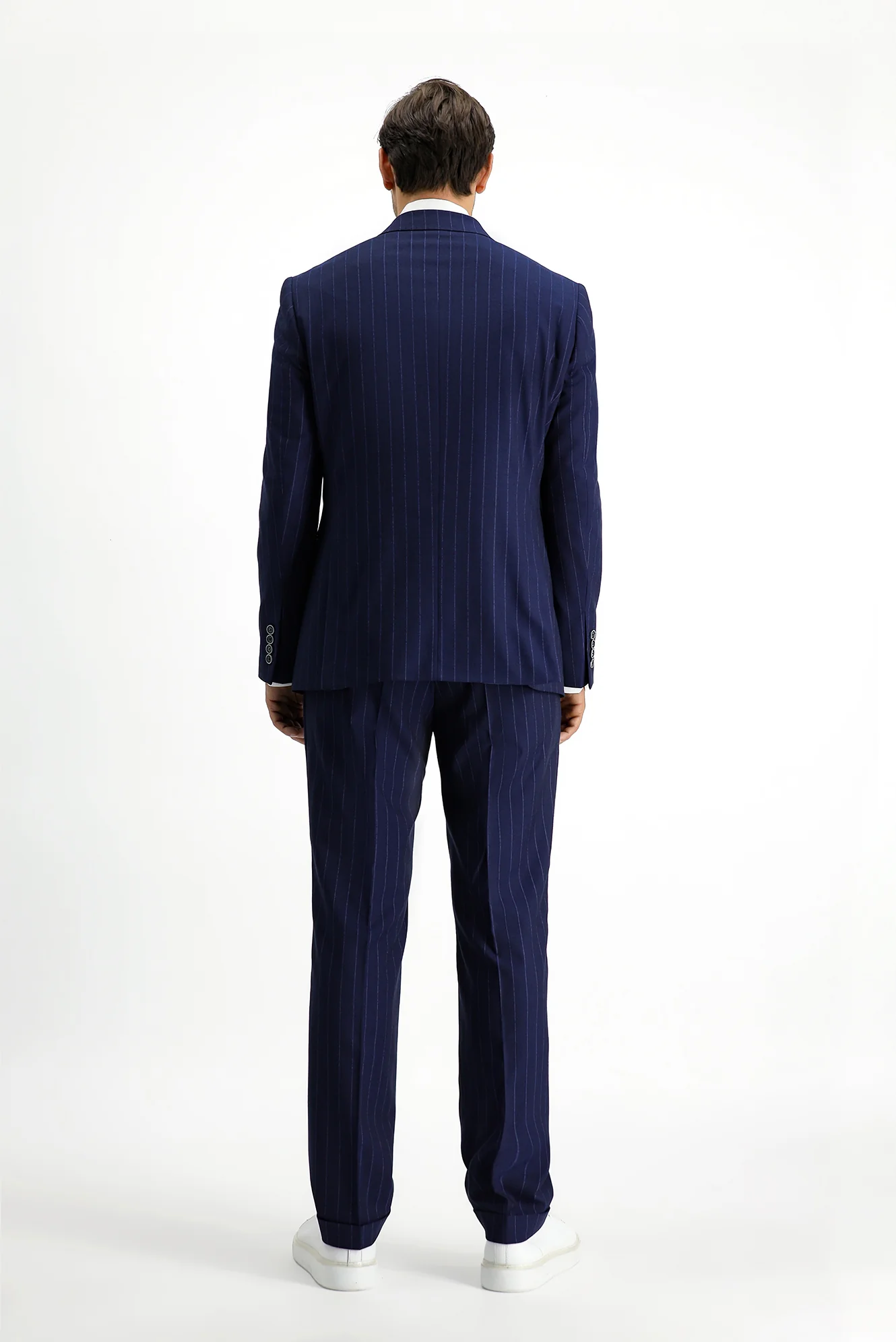 Koyu Lacivert 7 Drop Slim Fit Dar Kesim Çizgili İtalyan Kesim Kruvaze Takım Elbise - Image 4