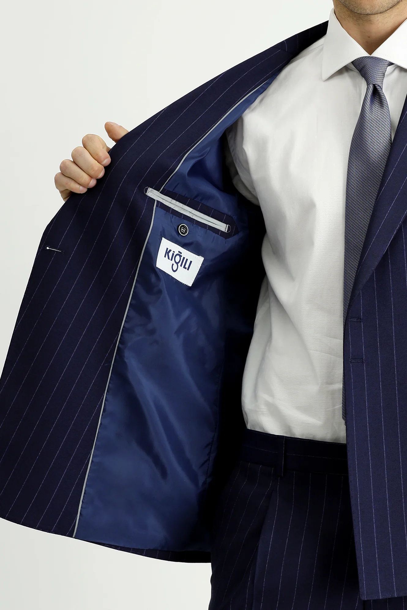 Koyu Lacivert 7 Drop Slim Fit Dar Kesim Çizgili İtalyan Kesim Kruvaze Takım Elbise - Image 5