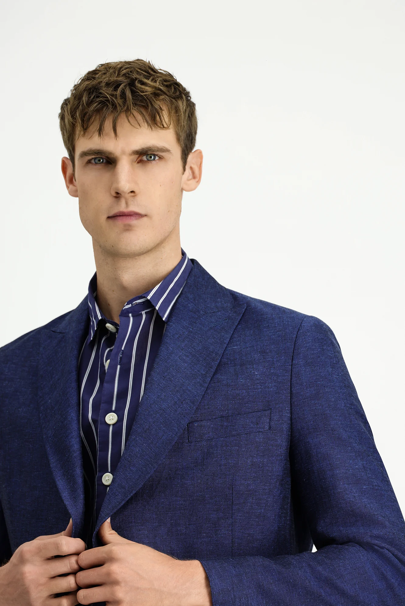 Koyu Lacivert 7 Drop Slim Fit Dar Kesim Çizgili Keten Karışımlı Kruvaze Ceket - Image 3