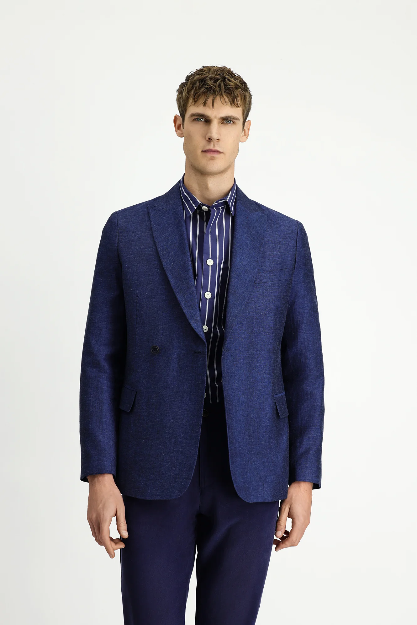 Koyu Lacivert 7 Drop Slim Fit Dar Kesim Çizgili Keten Karışımlı Kruvaze Ceket - Image 4