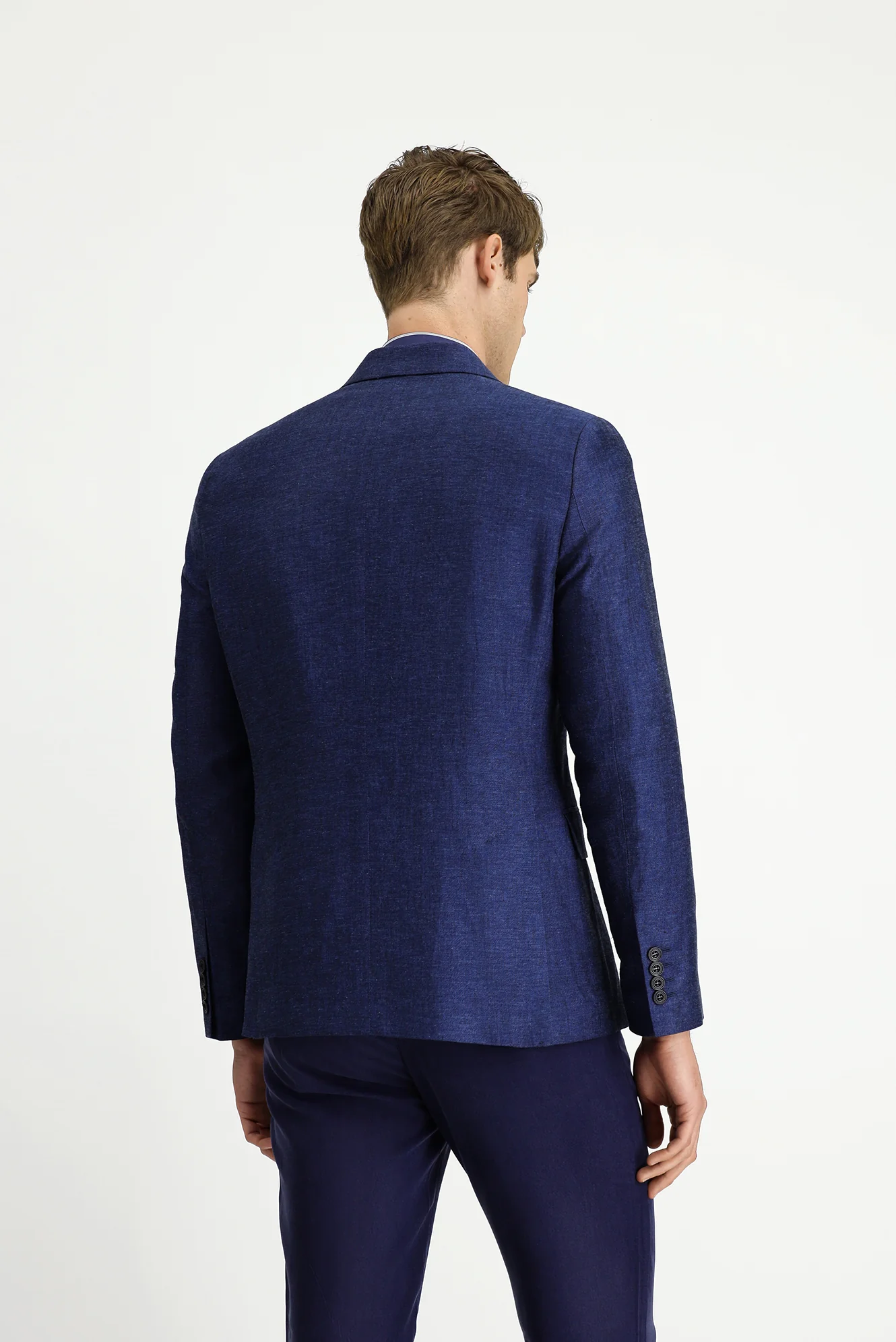 Koyu Lacivert 7 Drop Slim Fit Dar Kesim Çizgili Keten Karışımlı Kruvaze Ceket - Image 5