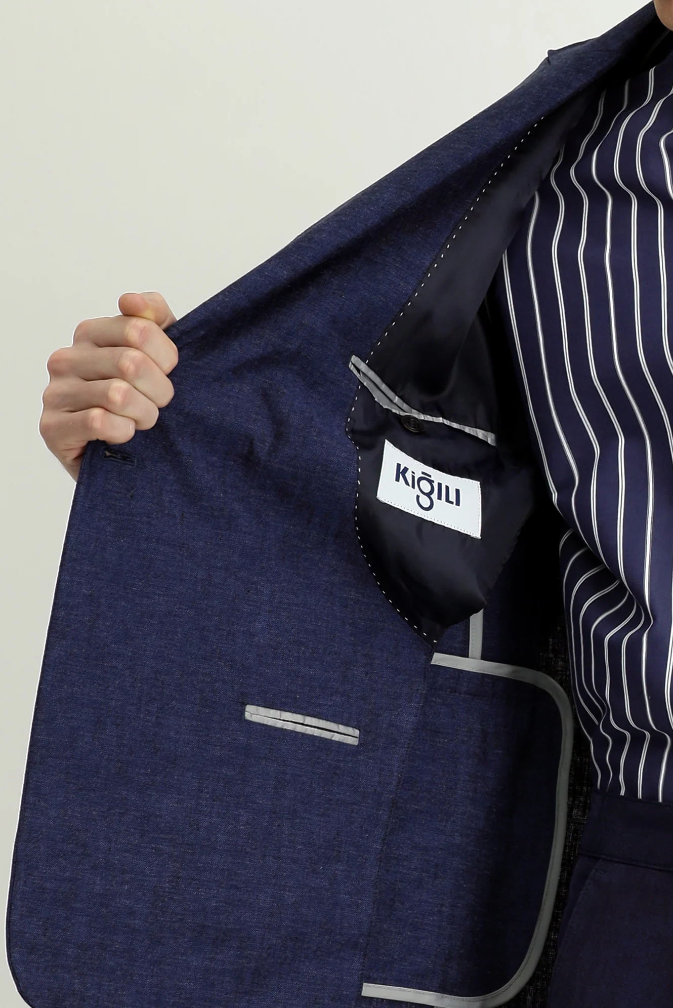 Koyu Lacivert 7 Drop Slim Fit Dar Kesim Çizgili Keten Karışımlı Kruvaze Ceket - Image 6