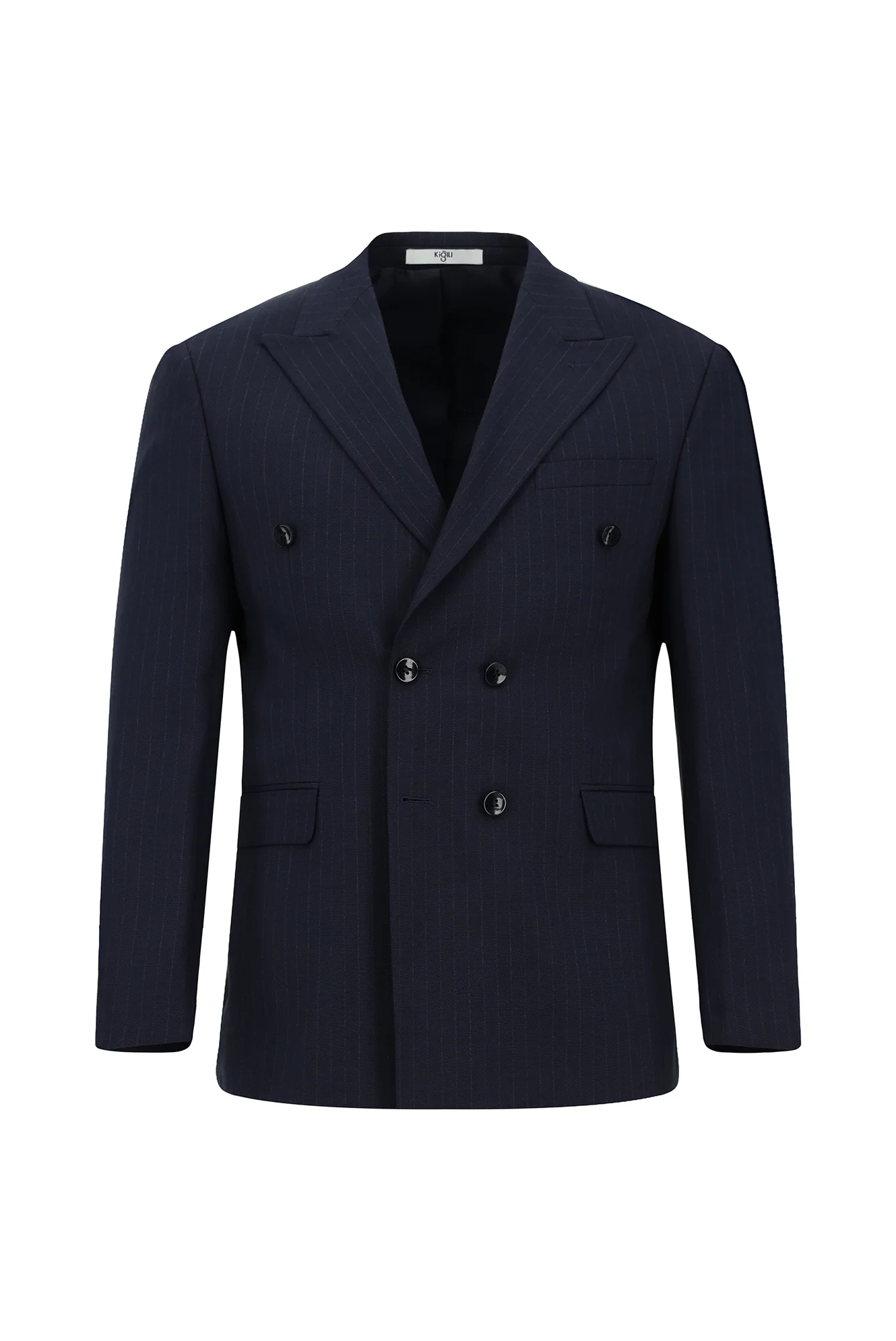 Koyu Lacivert 7 Drop Slim Fit Dar Kesim Çizgili Kruvaze Takım Elbise - Image 2