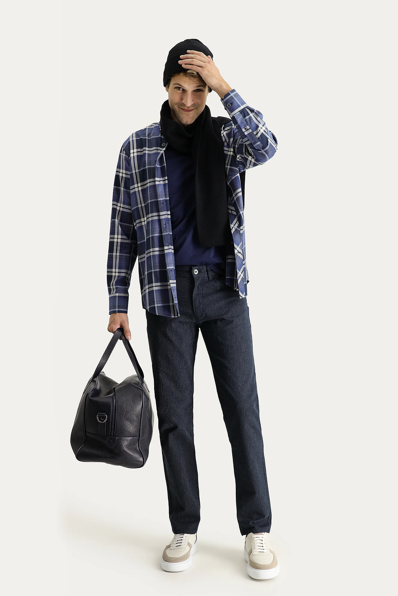 Koyu Lacivert Slim Fit Dar Kesim Çizgili Likralı Kanvas / Chino Pantolon