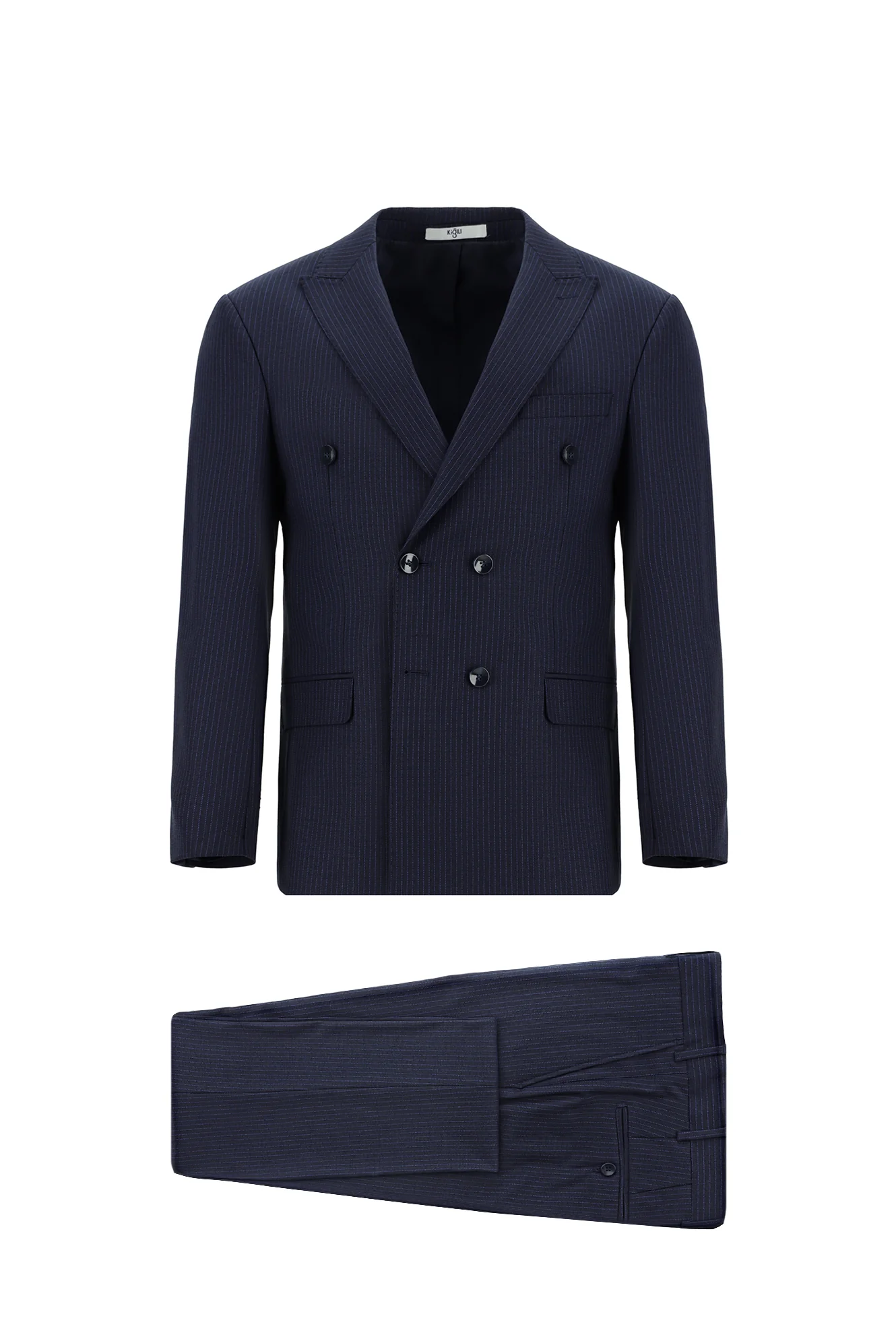 Koyu Lacivert 7 Drop Slim Fit Dar Kesim Çizgili Yünlü Kruvaze Takım Elbise