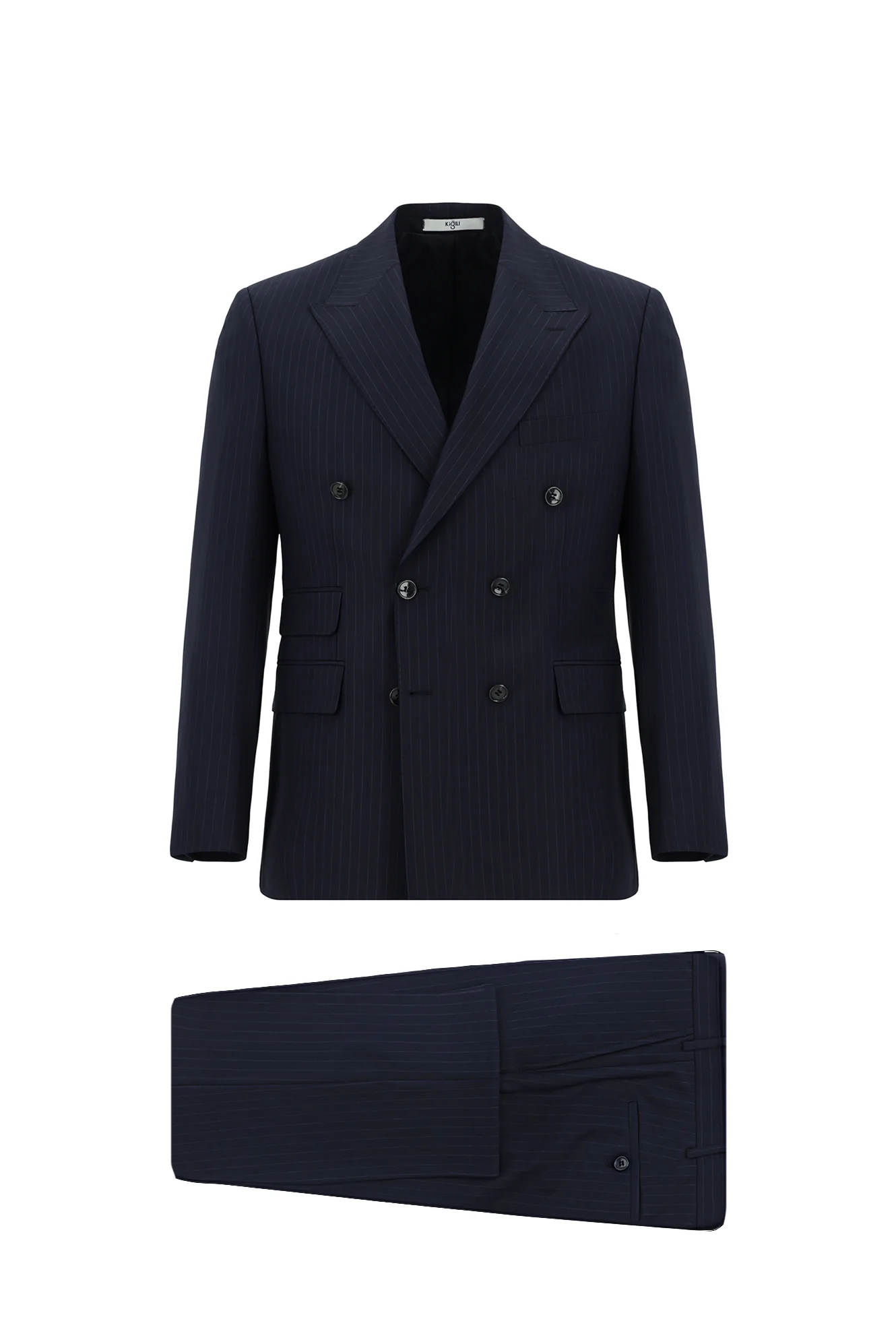 Koyu Lacivert 7 Drop Slim Fit Dar Kesim Çizgili Yünlü Kruvaze Takım Elbise