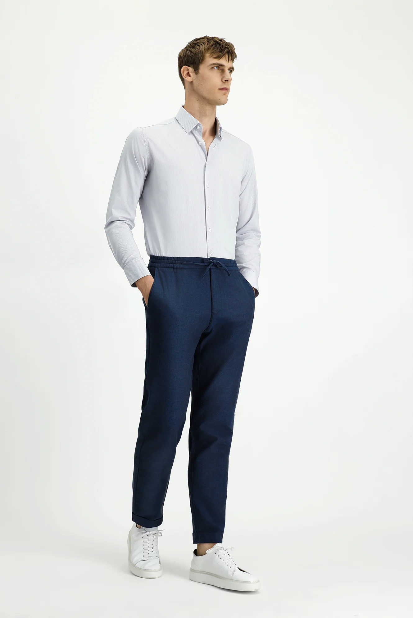Koyu Lacivert Slim Fit Dar Kesim Desenli Beli Lastikli İpli Likralı Jogger Pantolon - Image 2