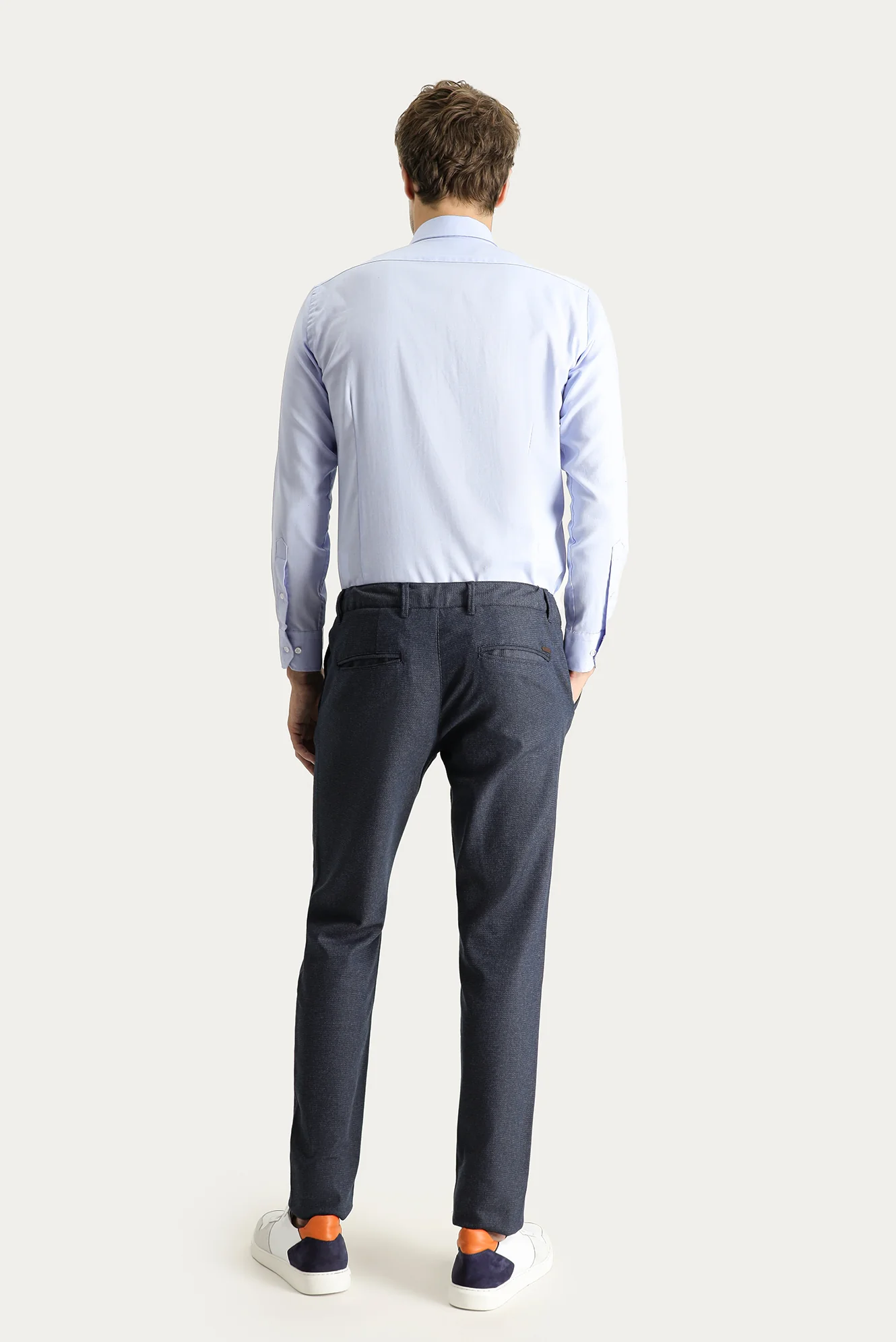 Koyu Lacivert Slim Fit Dar Kesim Desenli Beli Lastikli Likralı Kanvas / Chino Pantolon - Image 4