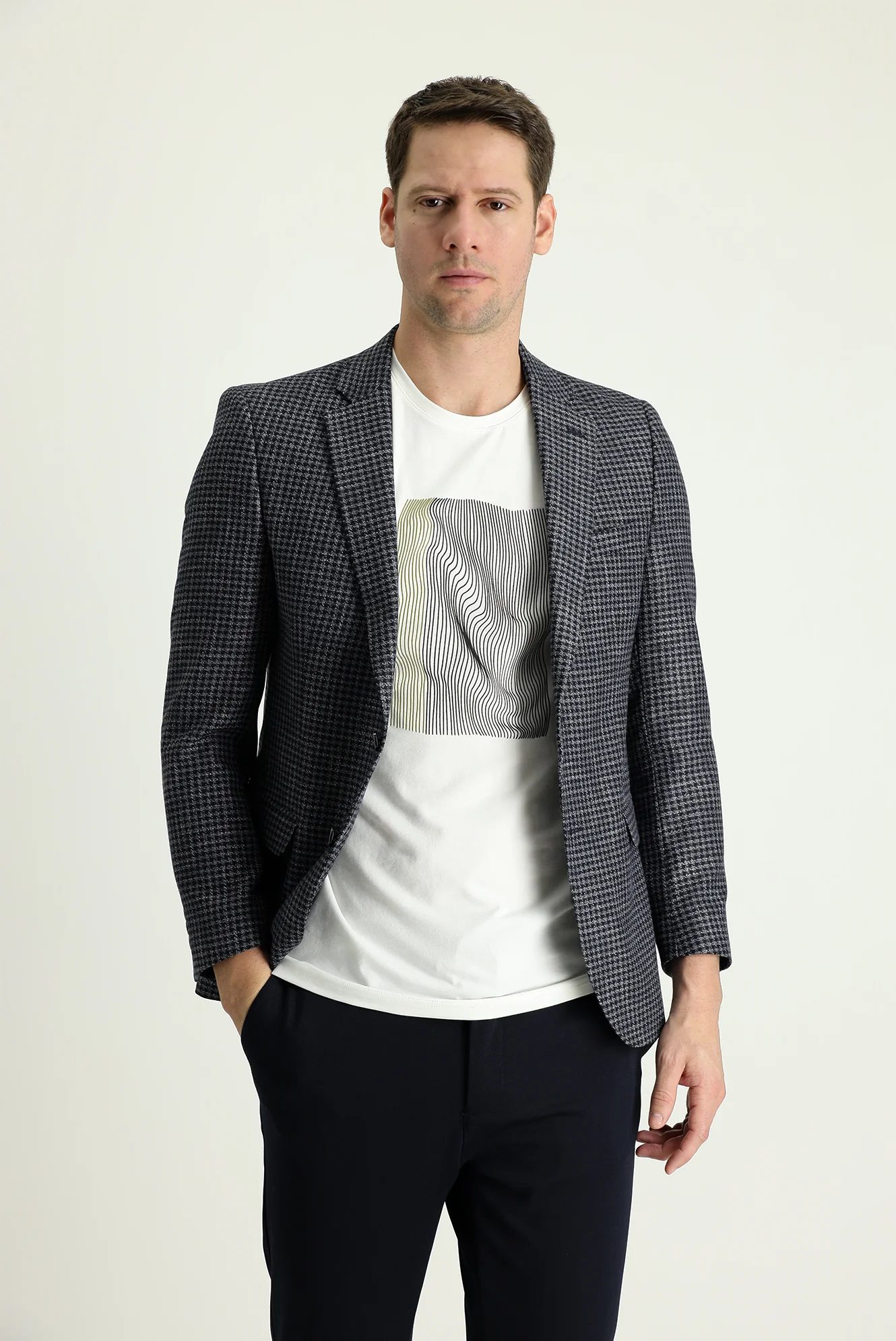 Koyu Lacivert 7 Drop Slim Fit Dar Kesim Desenli Keten Ceket
