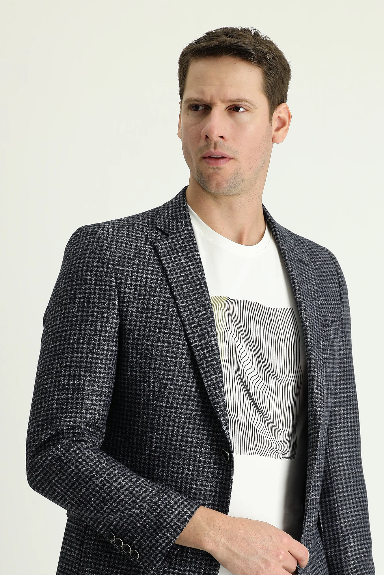 Koyu Lacivert 7 Drop Slim Fit Dar Kesim Desenli Keten Ceket - Image 2