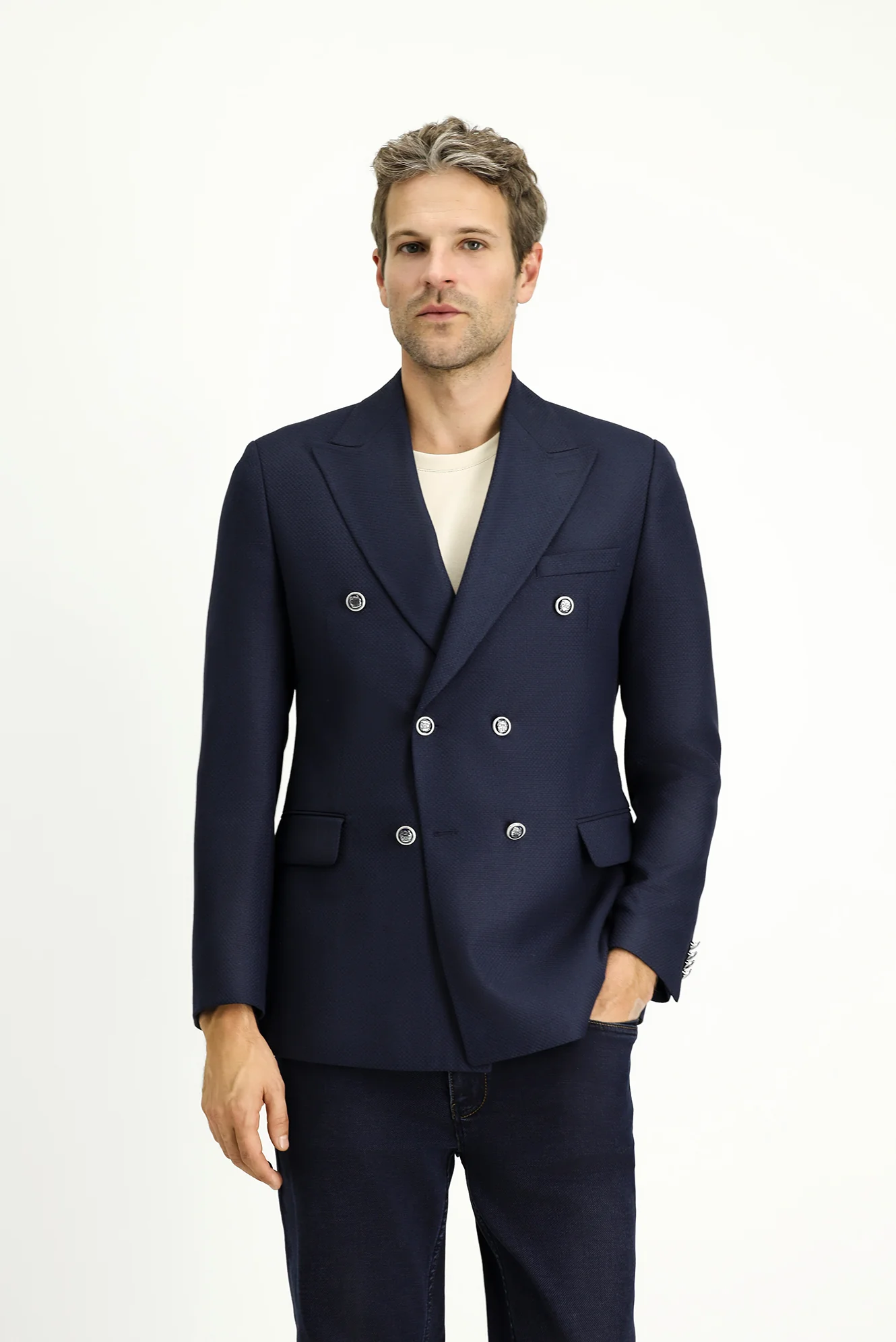 Koyu Lacivert 7 Drop Slim Fit Dar Kesim Desenli Kruvaze Ceket