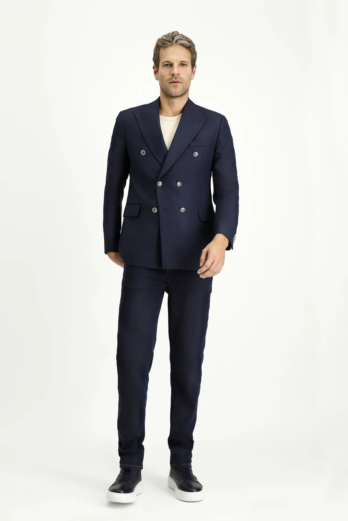 Koyu Lacivert 7 Drop Slim Fit Dar Kesim Desenli Kruvaze Ceket - Image 2