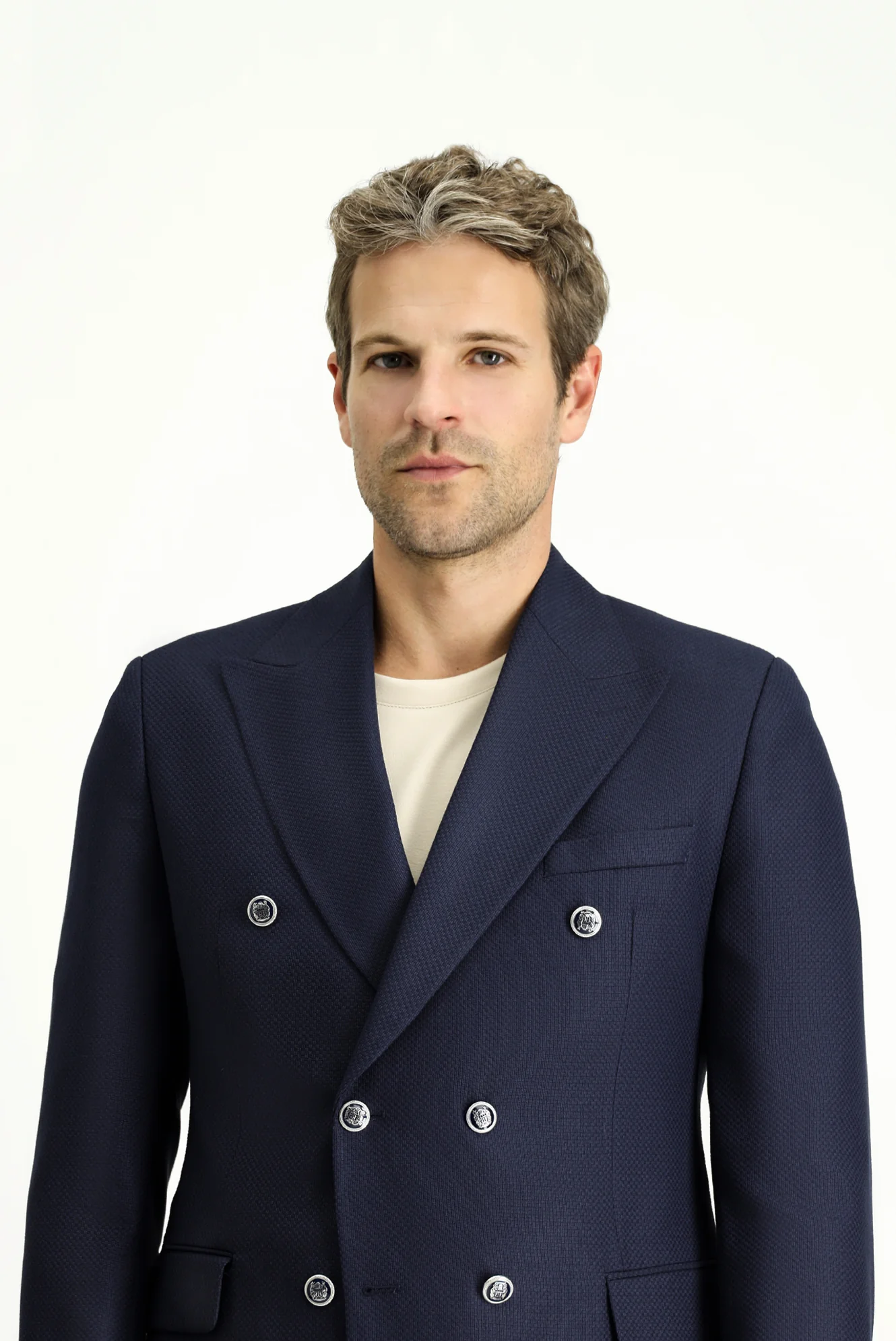 Koyu Lacivert 7 Drop Slim Fit Dar Kesim Desenli Kruvaze Ceket - Image 3