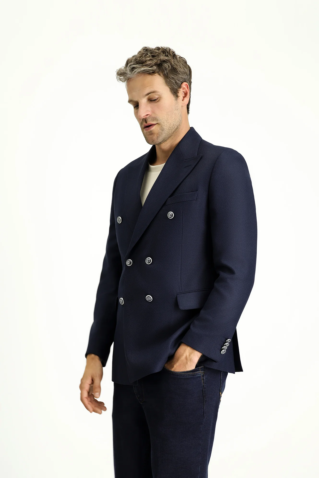 Koyu Lacivert 7 Drop Slim Fit Dar Kesim Desenli Kruvaze Ceket - Image 4