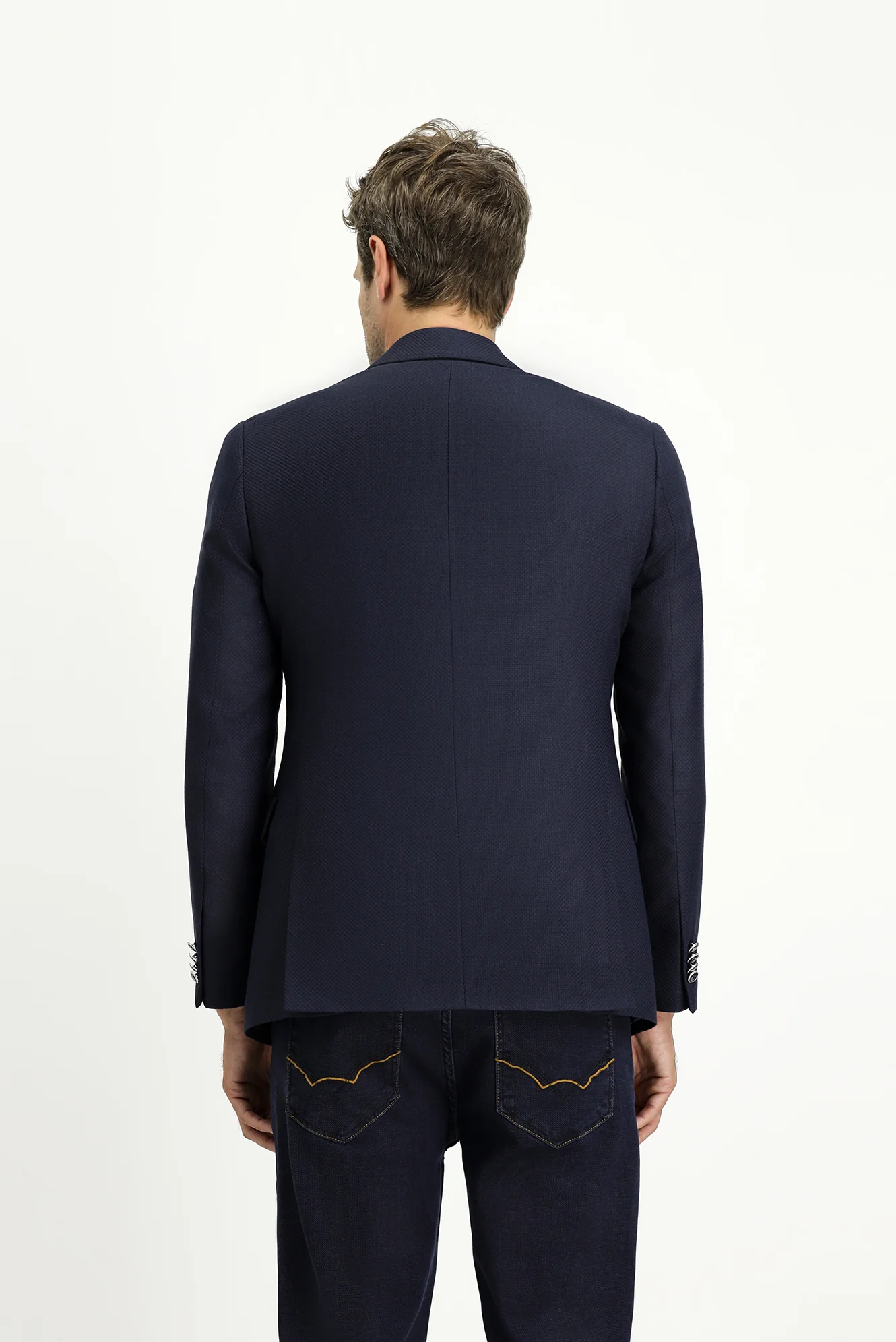 Koyu Lacivert 7 Drop Slim Fit Dar Kesim Desenli Kruvaze Ceket - Image 5