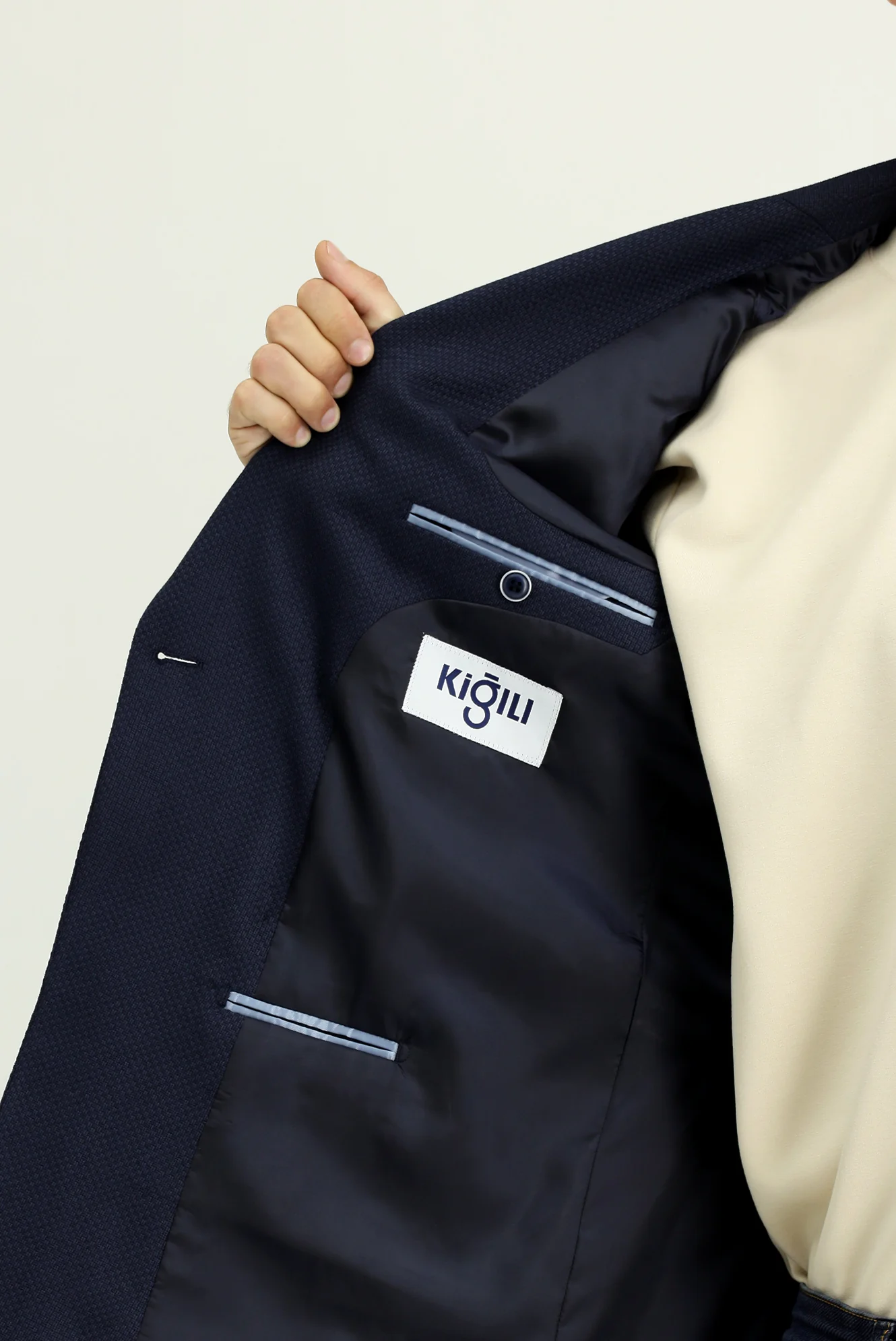 Koyu Lacivert 7 Drop Slim Fit Dar Kesim Desenli Kruvaze Ceket - Image 6
