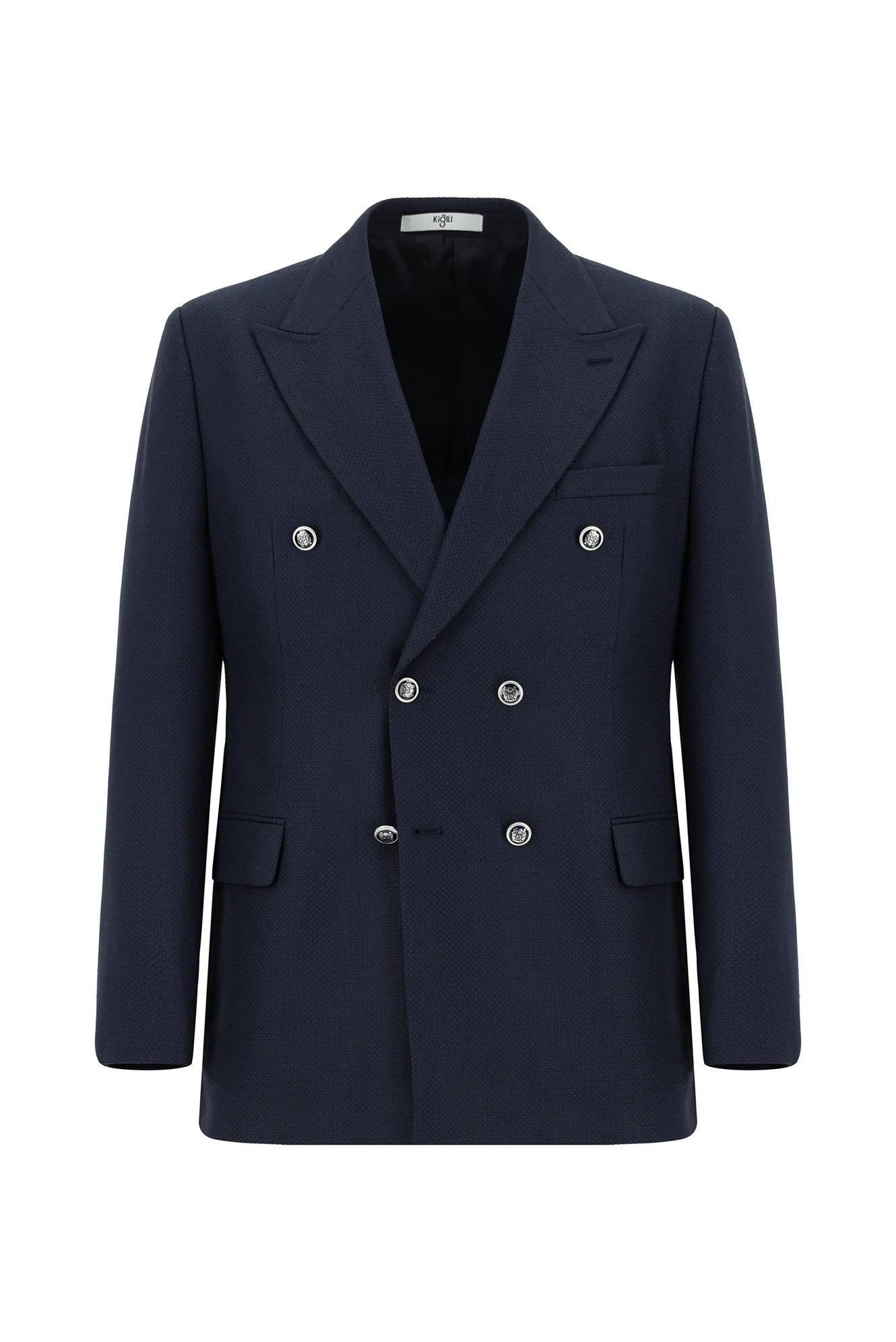 Koyu Lacivert 7 Drop Slim Fit Dar Kesim Desenli Kruvaze Ceket - Image 7