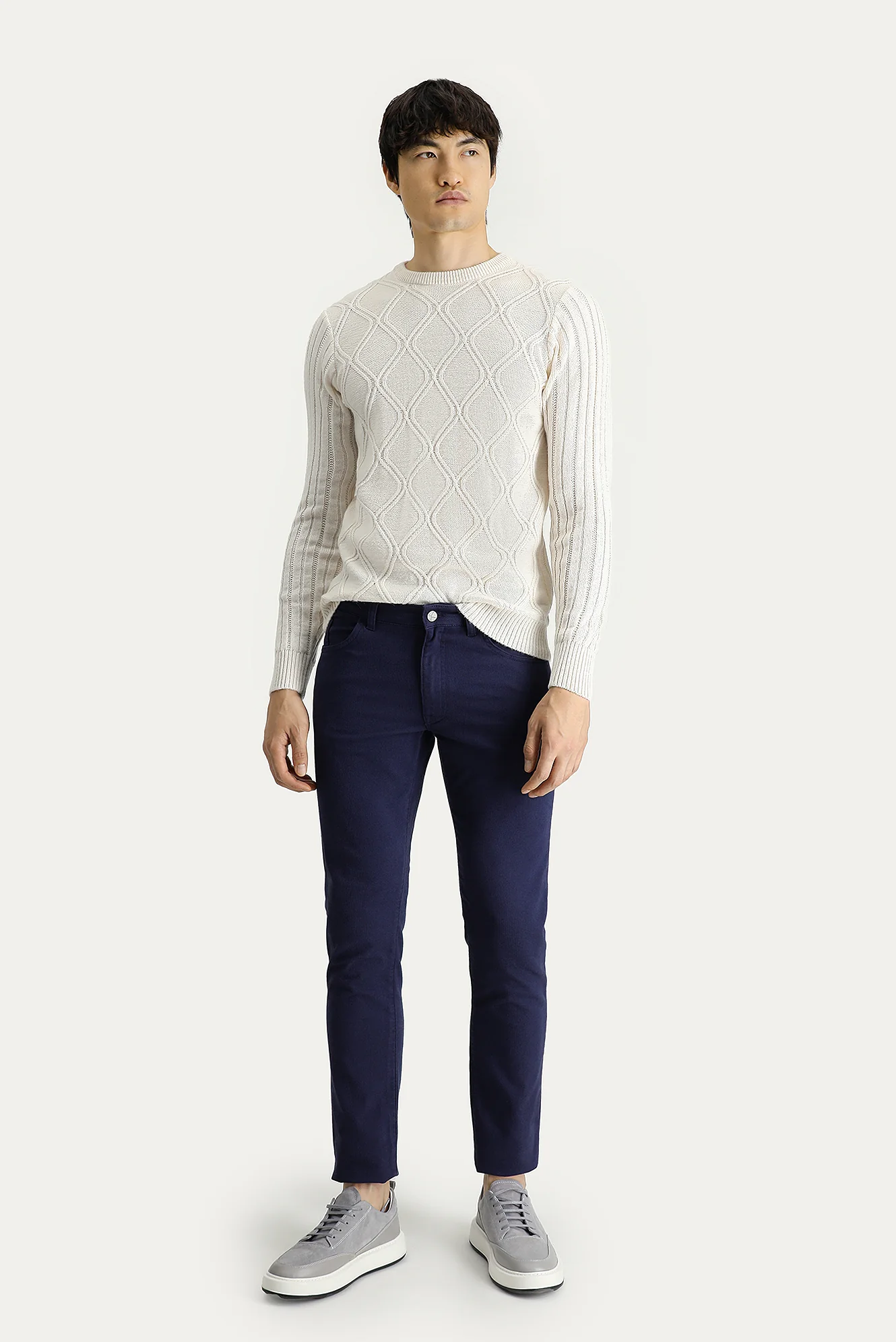 Koyu Lacivert Slim Fit Dar Kesim Desenli Likralı Kanvas / Chino Pantolon