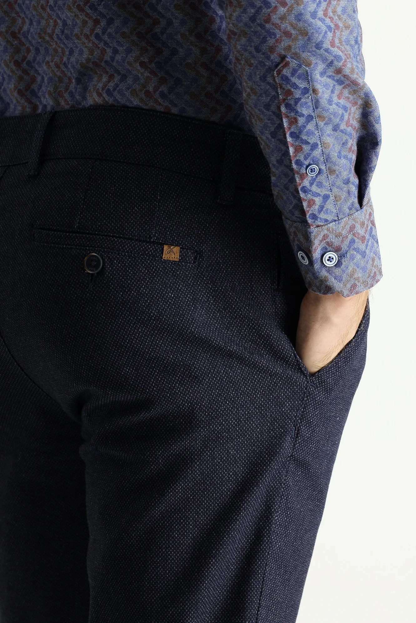 Koyu Lacivert Slim Fit Dar Kesim Desenli Likralı Kanvas / Chino Pantolon - Image 5